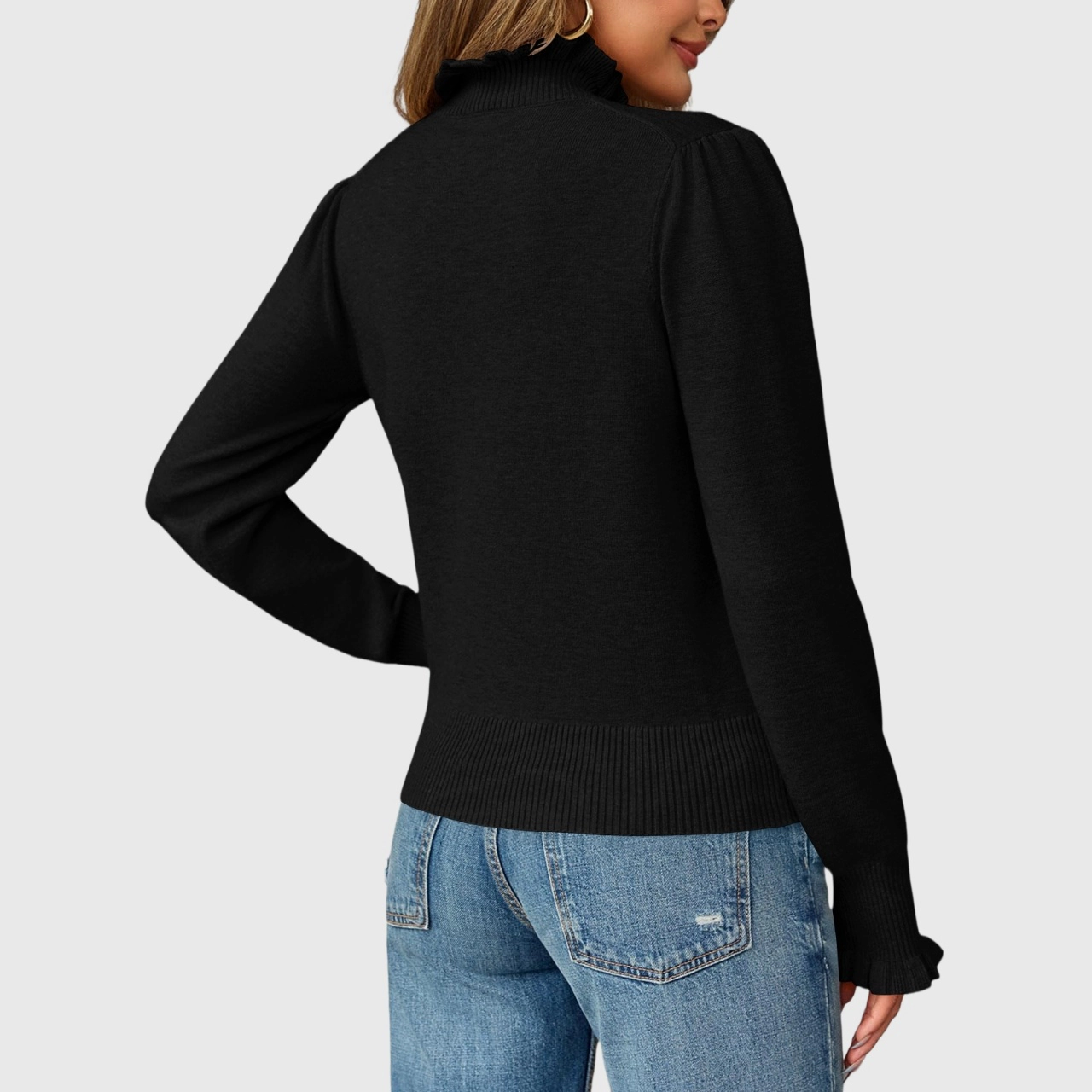 YesFashion Women's Ruffle Mock Neck Sweater Casual Long Puff Sleeve Soft Knit Pullover Tops