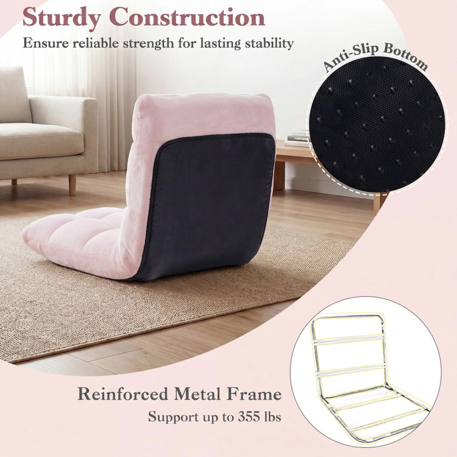 SUGIFT 14-Position Quilted Flannel Folding Floor Gaming Chair 41.5-in x 22-in x 6-in 200-lb Capacity Light Pink