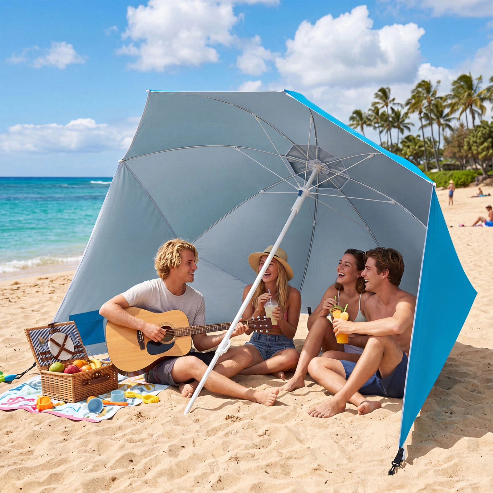 SUGIFT 2-in-1 Beach Shelter Umbrella UPF 50+ with Side Panels for Camping Picnic Blue/Turquoise