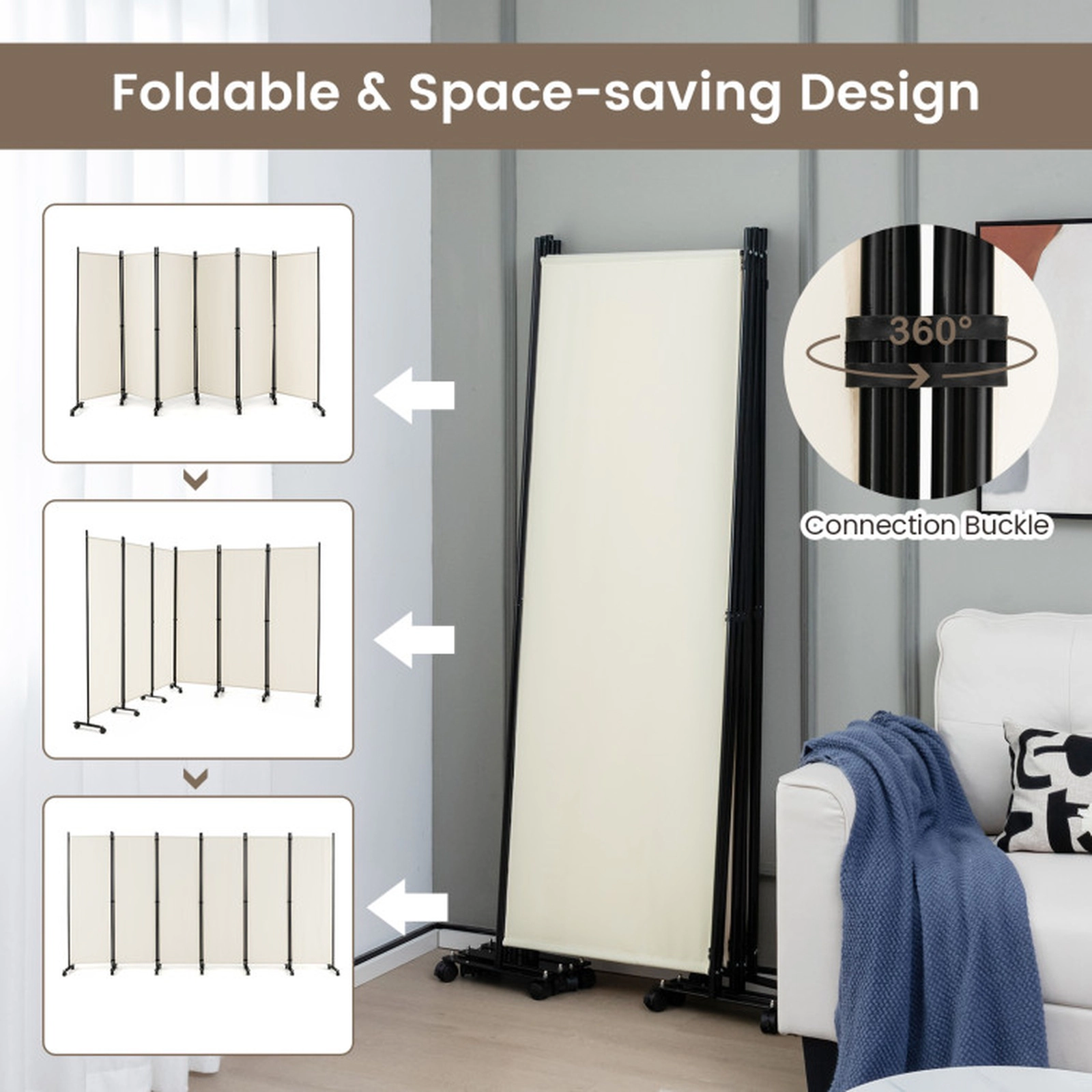SUGIFT White 6-Panel 132-in Wide 68-in Tall Rolling Folding Room Divider Privacy Screen with 14 Wheels