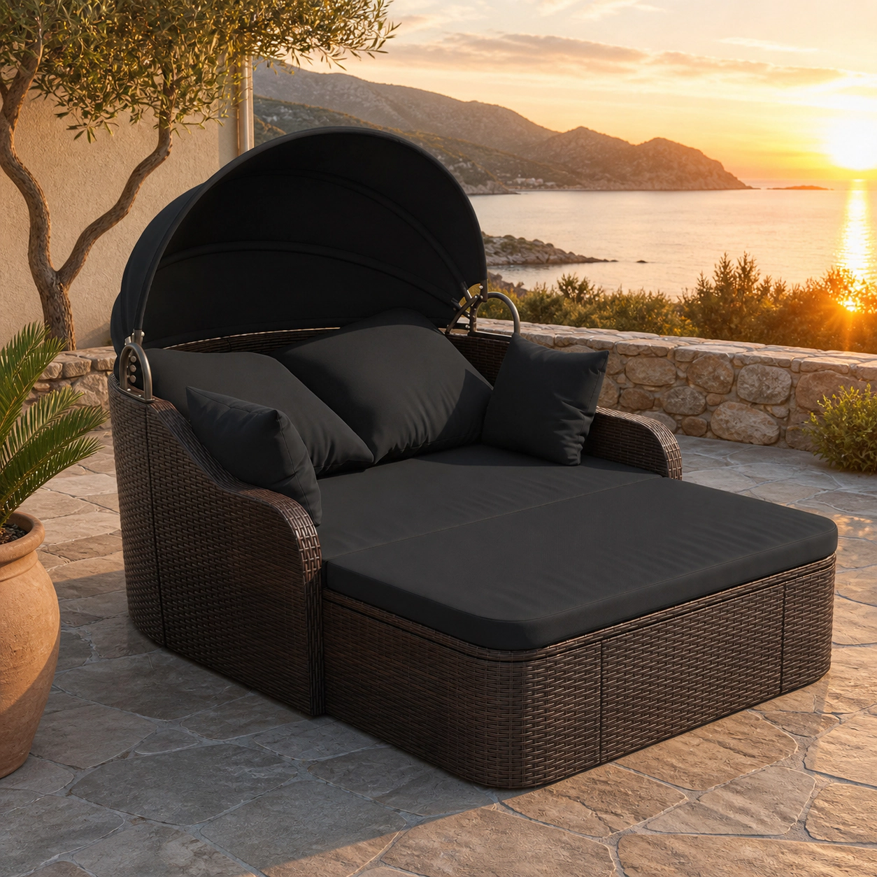 SUGIFT Black PE Rattan Patio Daybed with Retractable Canopy, Loveseat and Coffee Table