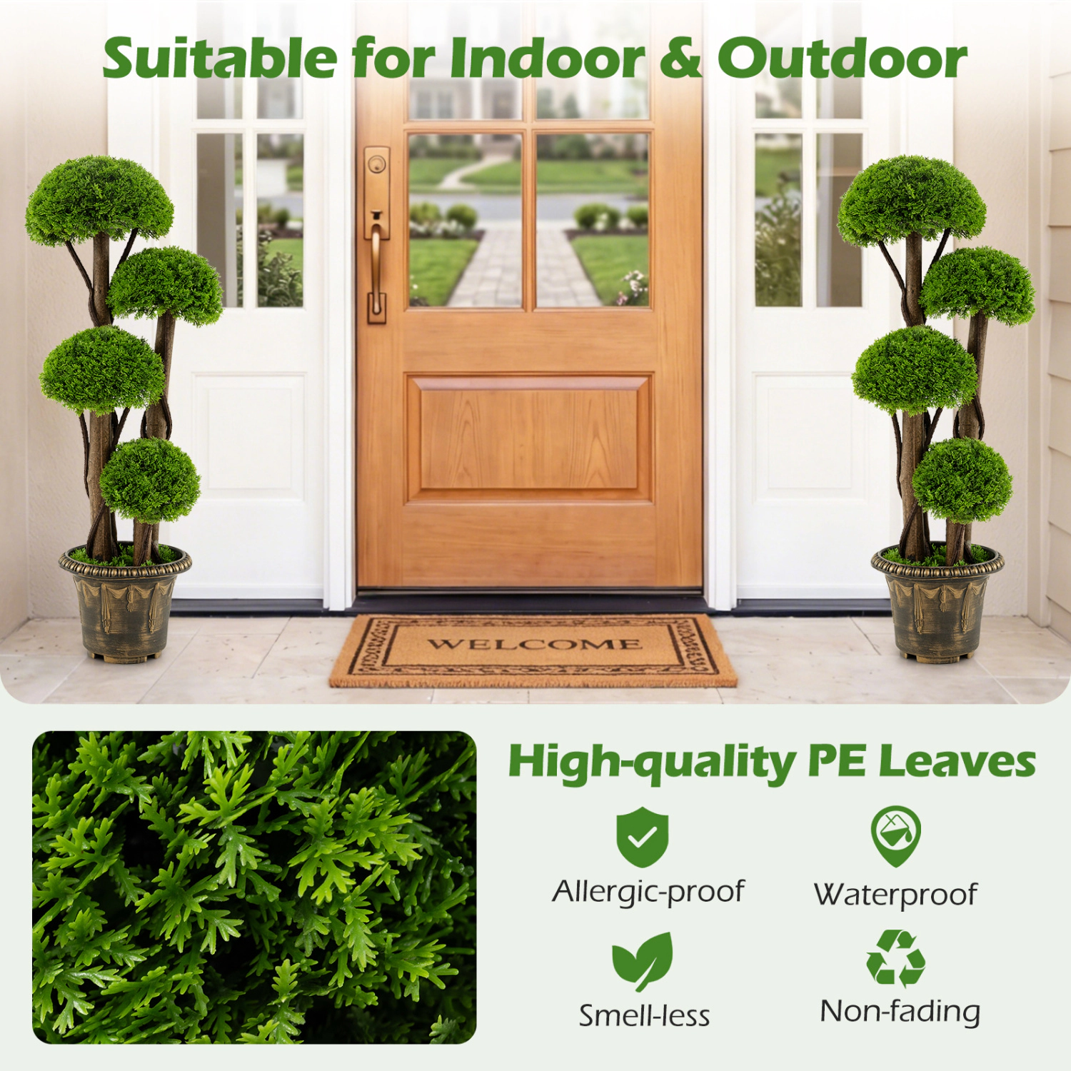 SlickBlue Artificial Cypress Topiary Tree with Wood Trunk 35in Potted Faux Greenery Plant