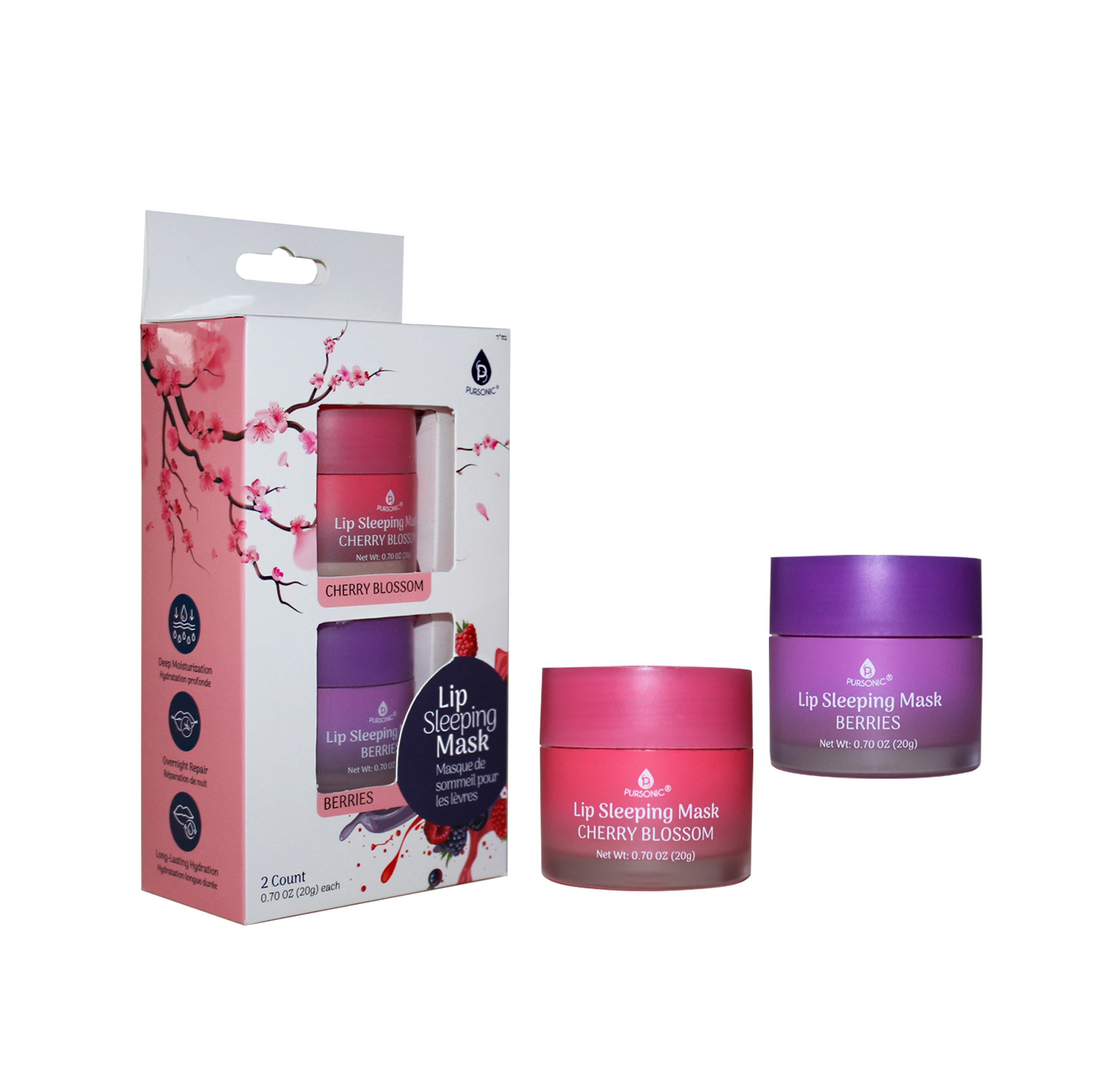 Pursonic Women's Hydrating Overnight Lip Care Mask with Nourishing Moisturizing Formula, Cherry Blossom & Berries Lip Sleeping Mask 2-Pack