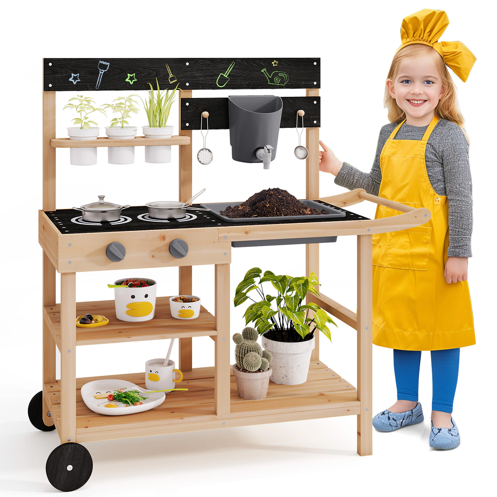 LJG Kids Outdoor Fir Wood Play Kitchen with Blackboard and Planting Pots