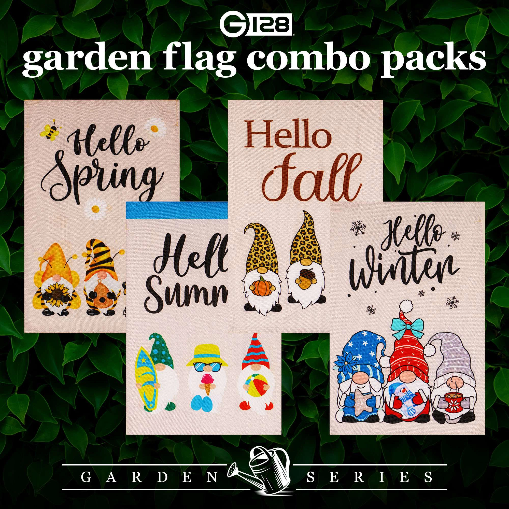 G128 Rustic Burlap Garden Flag Set 4-Pack - Double-Sided 12x18 Inch Seasonal Gnome Designs