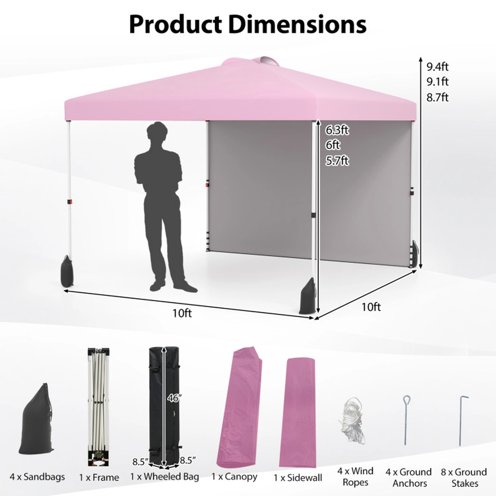 SUGIFT 10 x 10-ft Pop Up Canopy Tent with Sidewall and Wheeled Bag Adjustable Height Pink