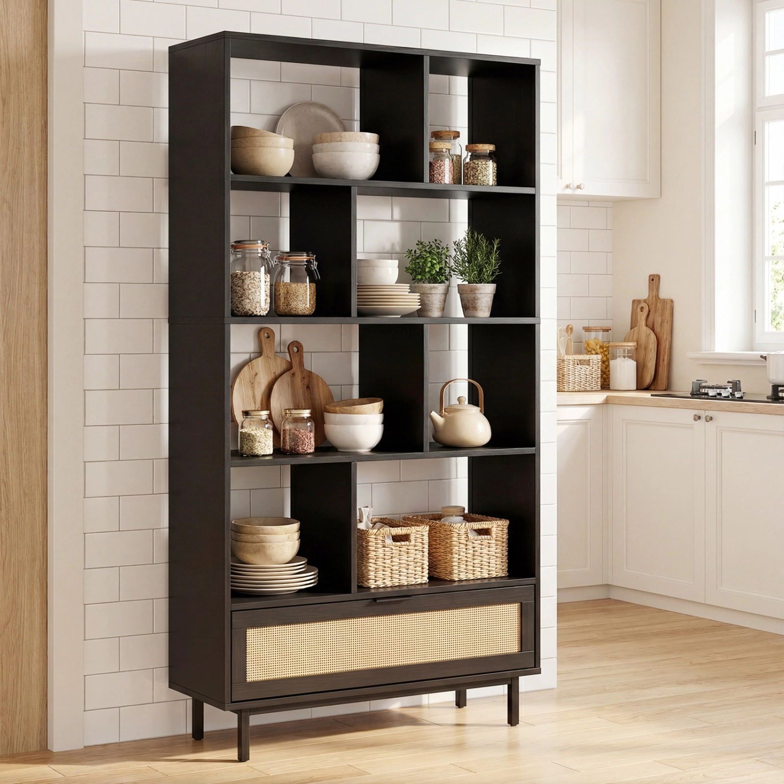 SUGIFT 6-Tier Black 64-in Tall Bookshelf with 8 Open Cubes Storage Drawer and Metal Legs for Living Room