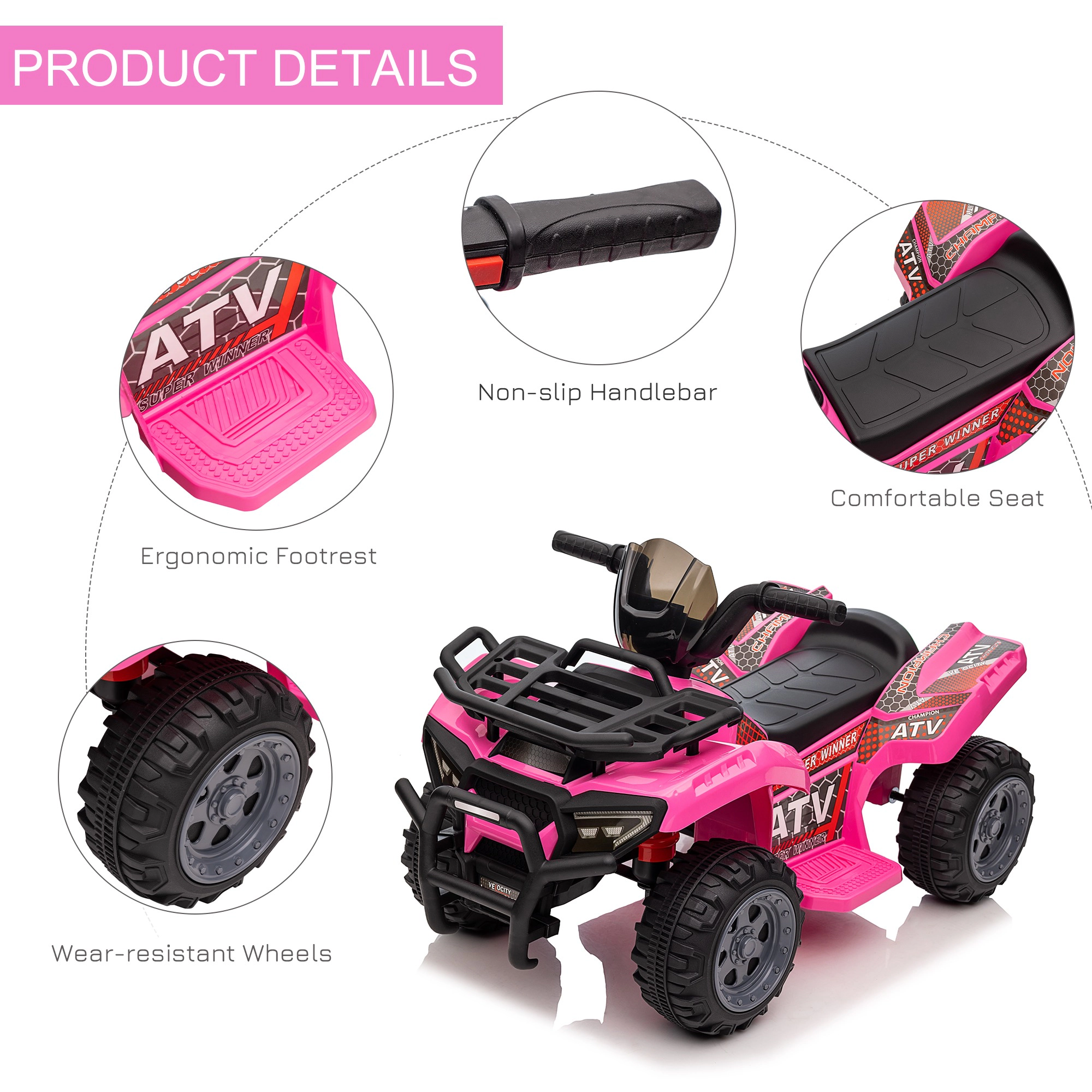 HONGGE 6V Kids ATV Ride-On Toy Car with Music and Handlebar Button Drive for Toddlers 18-36 Months, Pink