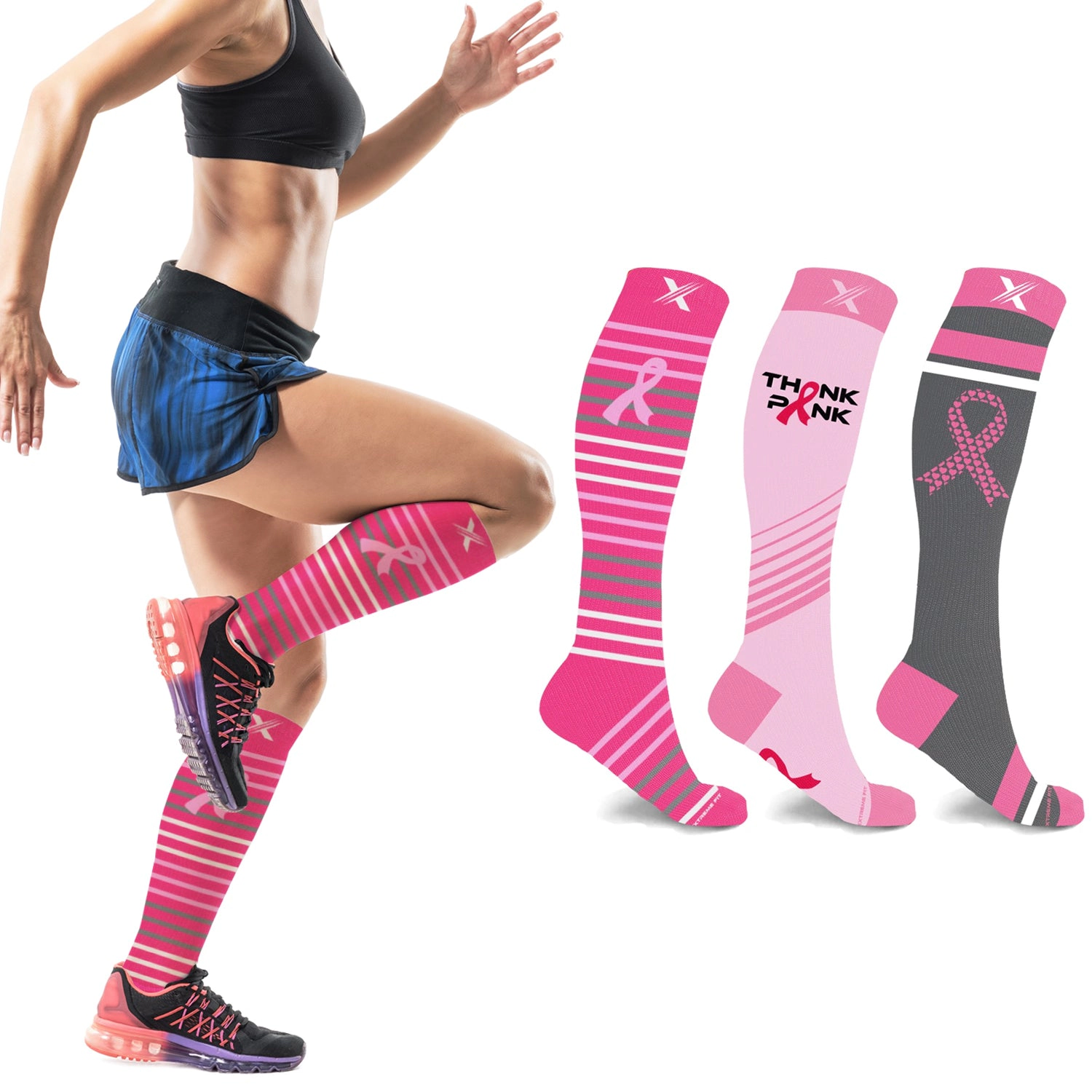 Extreme Fit Cancer Awareness Compression Socks - Knee High For Running 3 Pair