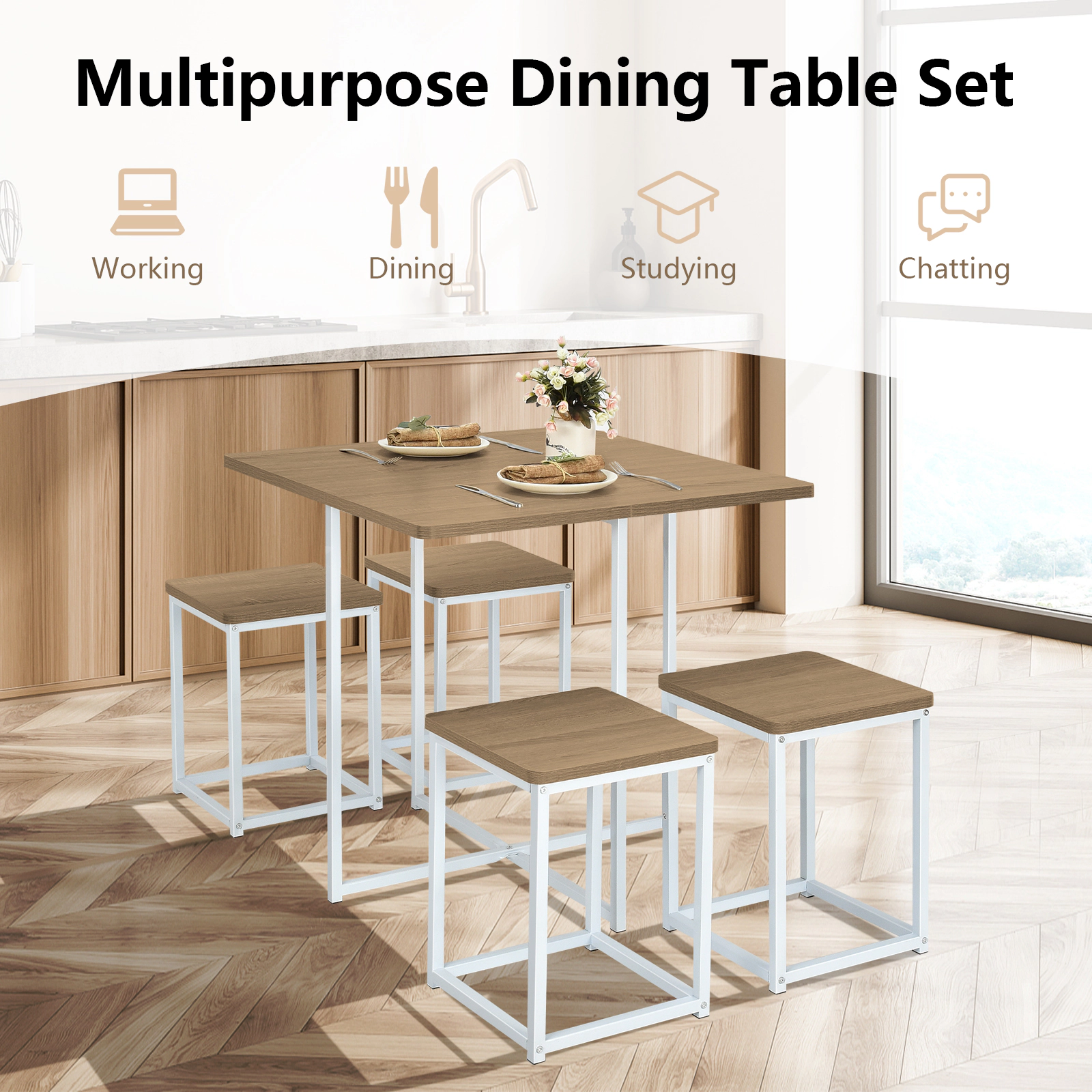 LJG 5 Pieces Metal Frame Dining Set with Compact Table and 4 Stools