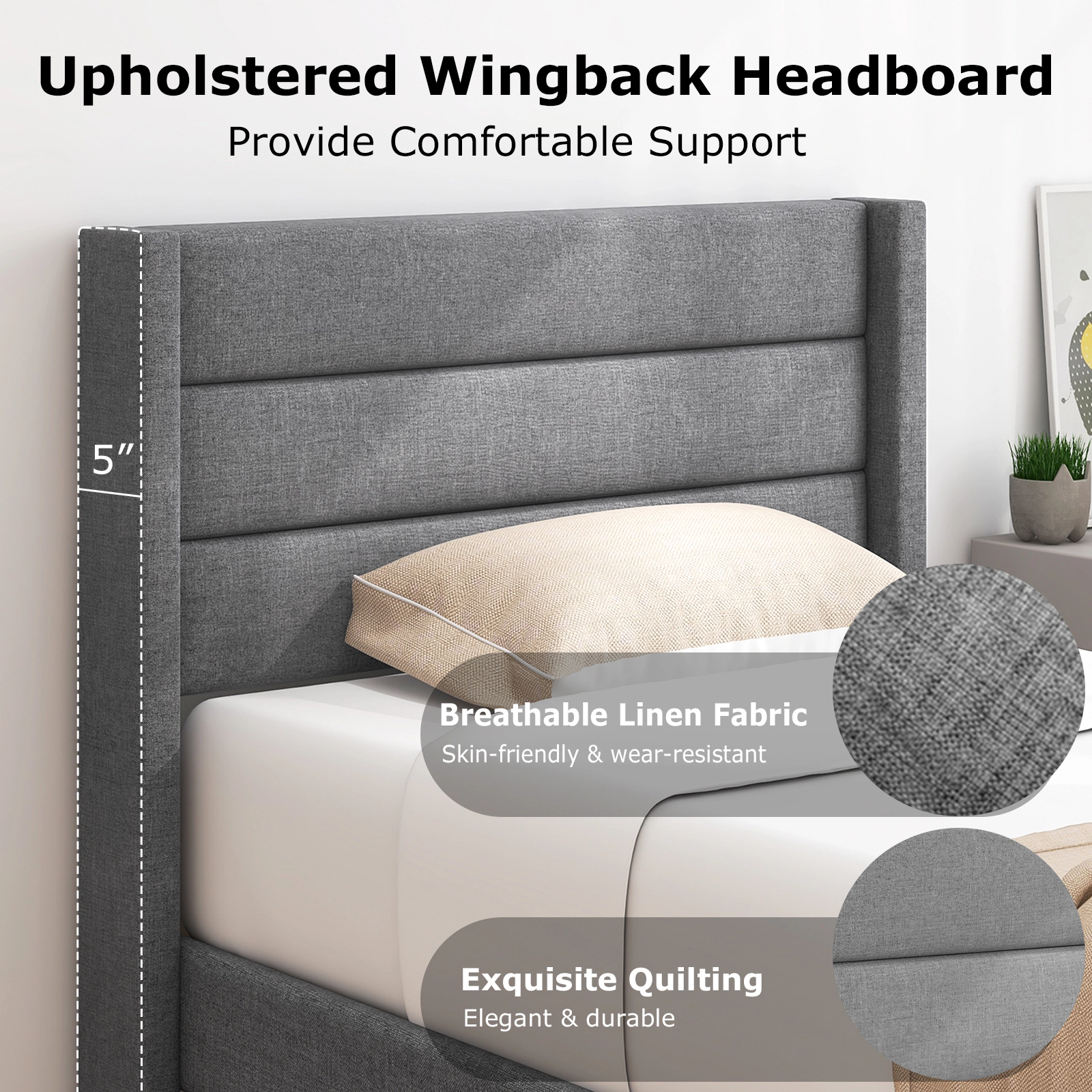SUGIFT Twin Size Linen Upholstered Bed Frame with 5-in Wingback Headboard 330-lb Bed Capacity Gray