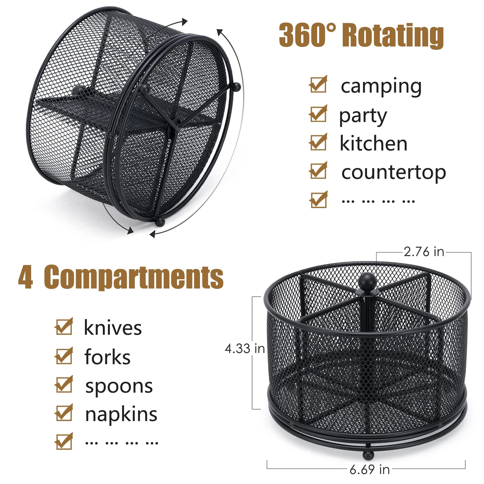 WZK 360 Degree Rotating Metal 4 Compartment Flatware Holder