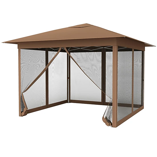 SUGIFT Brown Instant Pop Up Canopy Tent with Mesh Screen Netting and 8 Ground Stakes 11.5-ft W 11.5-ft D 8.8-ft H