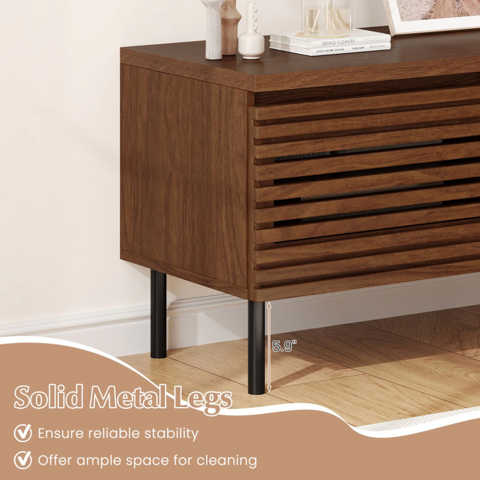SUGIFT 35.5 in TV Stand Walnut Mid Century Fluted Console for 40 in TV with Hidden Compartments