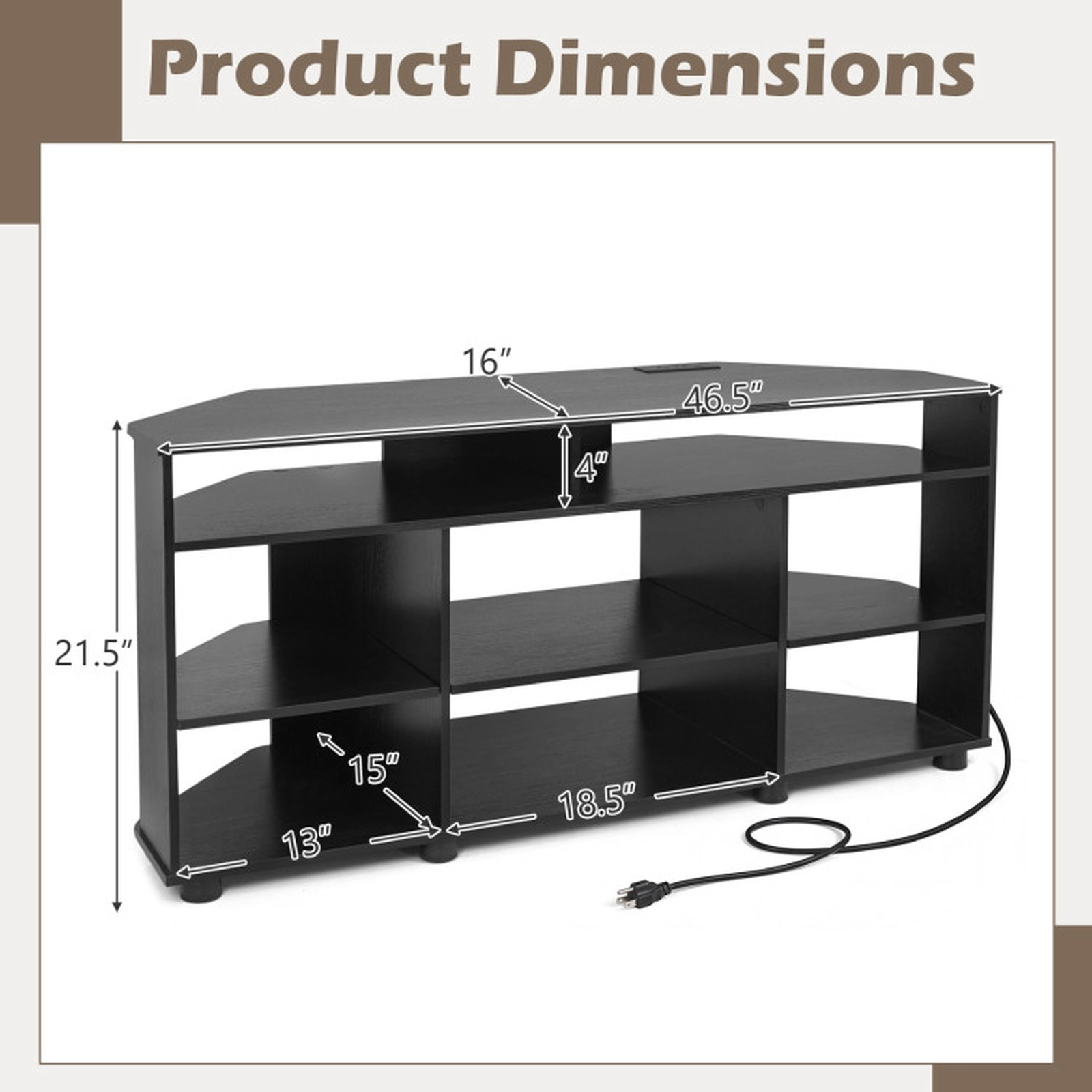 SUGIFT Corner Entertainment Center TV Stand with Charging Station 90-lb Tabletop Capacity for TVs up to 55 Inch Black