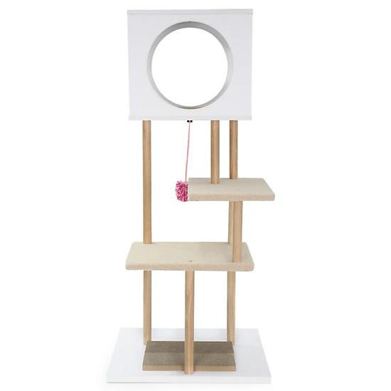 SUGIFT 40-in Tall Wood Cat Tree Tower with 2 Cardboard Cat Scratchers 2-Door Condo and Rubber Wood Poles