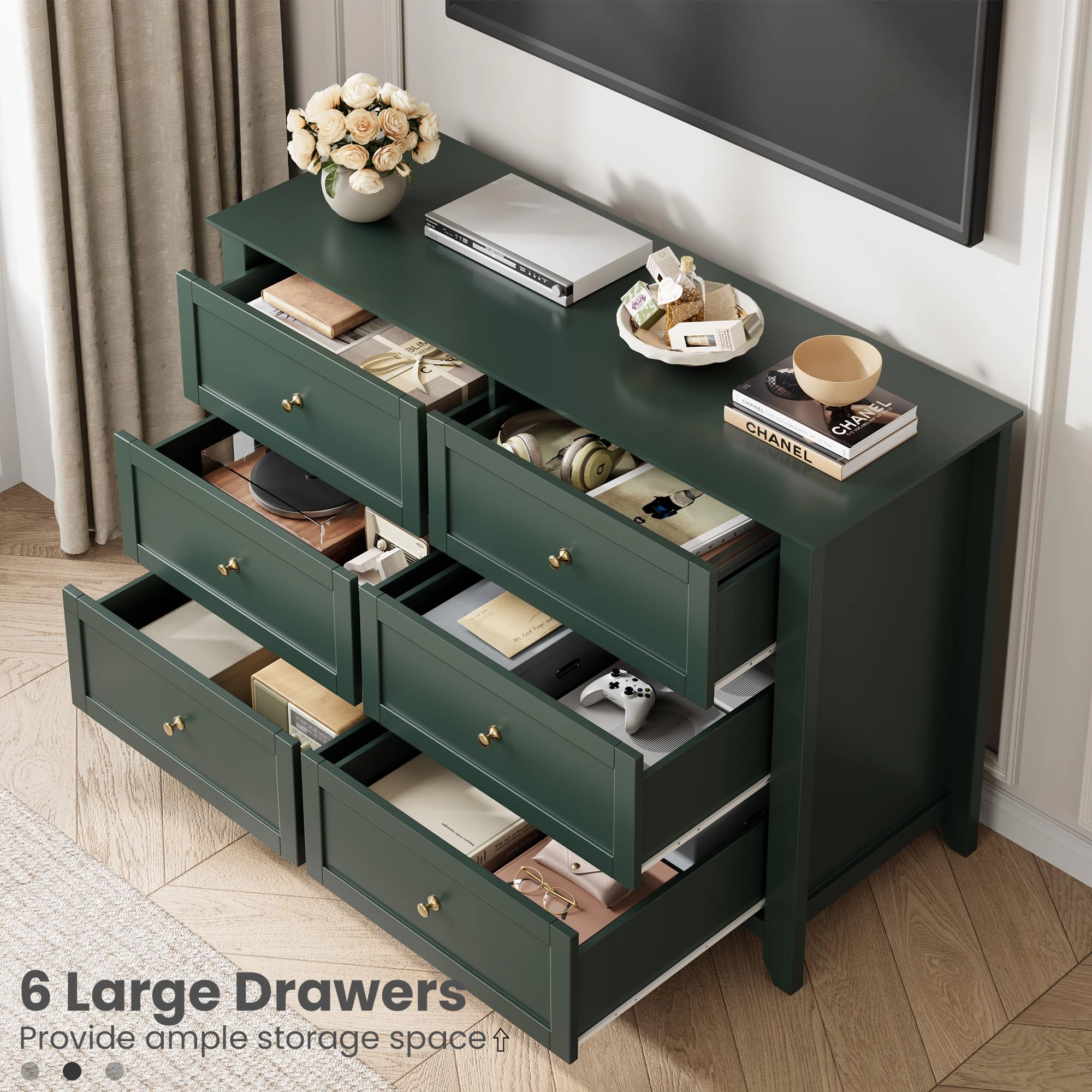 6 Drawer Dresser with Metal Knobs, 47.2" Wide Wooden Double Storage Chest for Bedroom Entryway Hallway