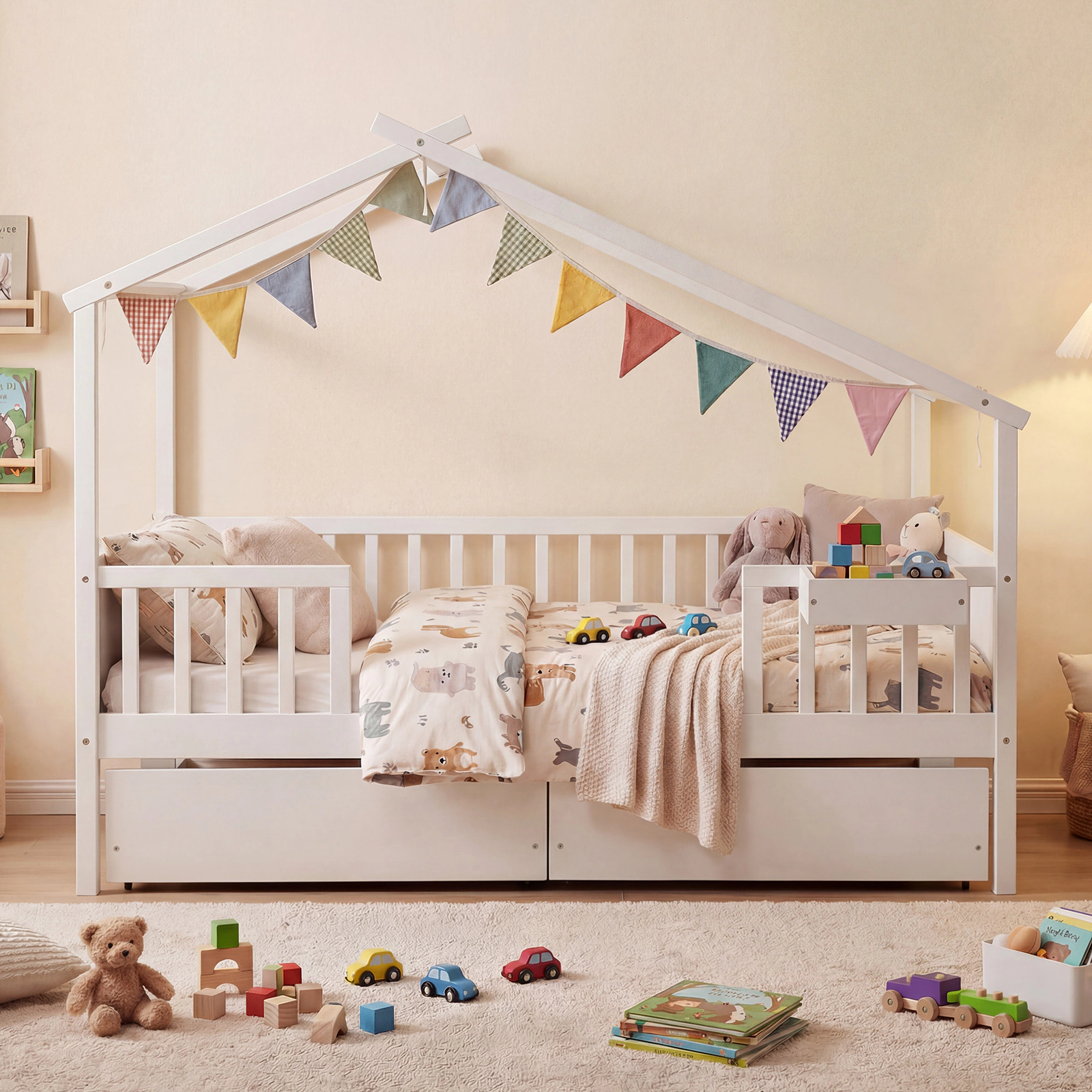 SUGIFT Full-Size White Wood House Bed with Roof, Fence Rails and 2 Storage Drawers