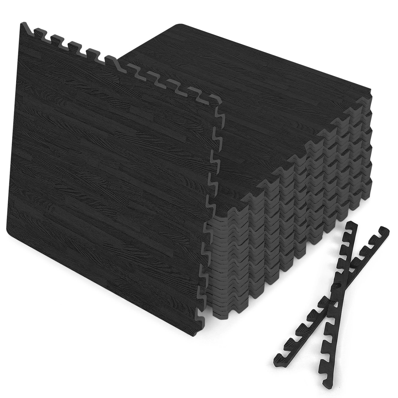 SUGIFT Black 25 Tile Wood Grain Interlocking Foam Floor Mat Set with 50 Borders 24-in W 24-in D 0.4-in H