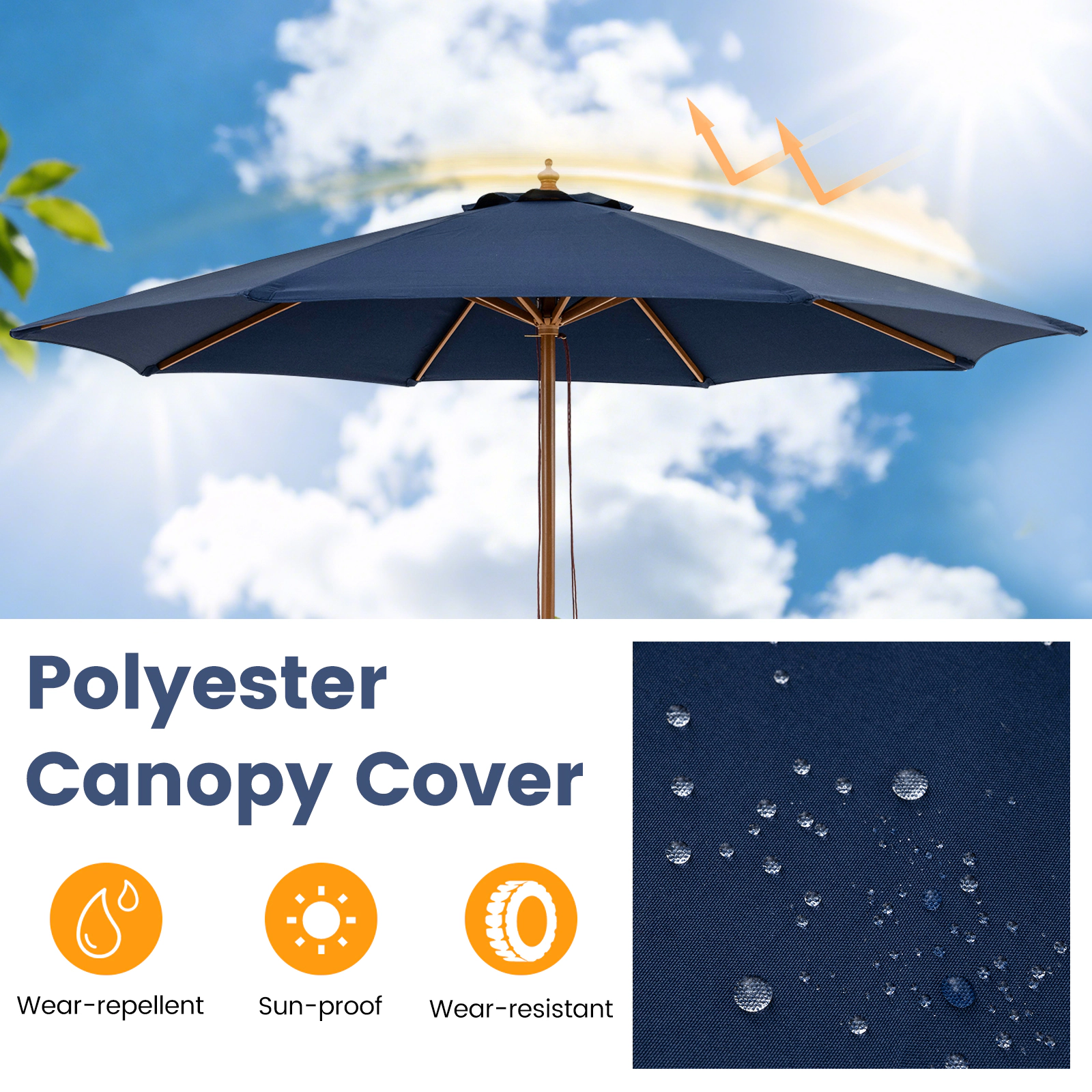 SUGIFT 9-ft Patio Market Umbrella 8 Bamboo Ribs 9-ft Canopy 1.5-in Pole Outdoor Table Umbrella Navy Natural 2-Piece Set