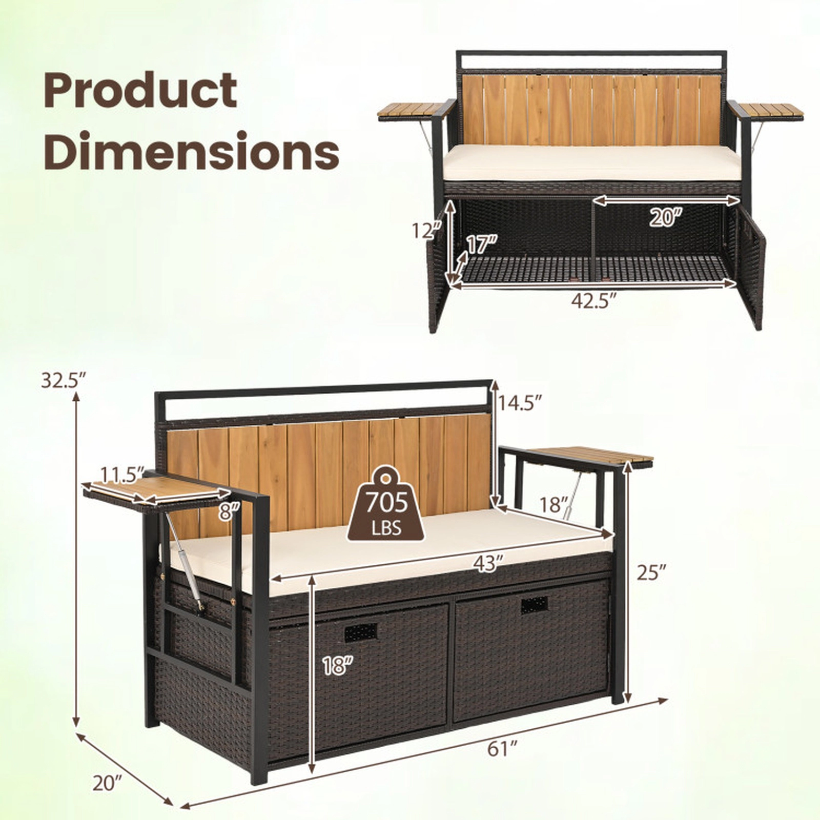 SUGIFT 2-Seater Outdoor Storage Bench, PE Rattan, Folding Side Tables, Cushion, 705-lb Capacity
