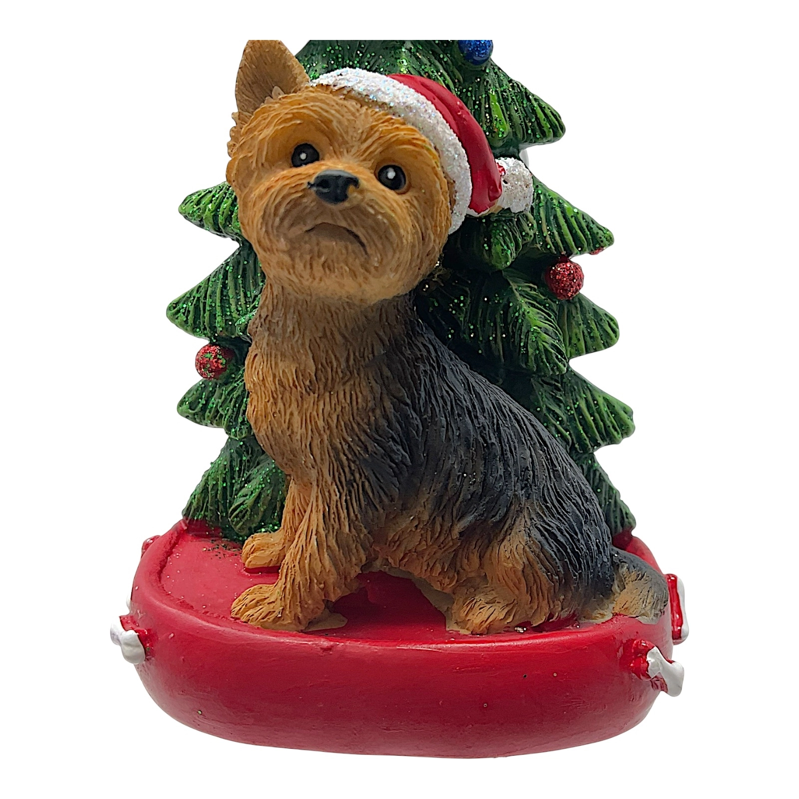 Kurt Adler Yorkshire Terrier Dog with Santa Hat and Christmas Tree Resin Ornament 4.25 inch