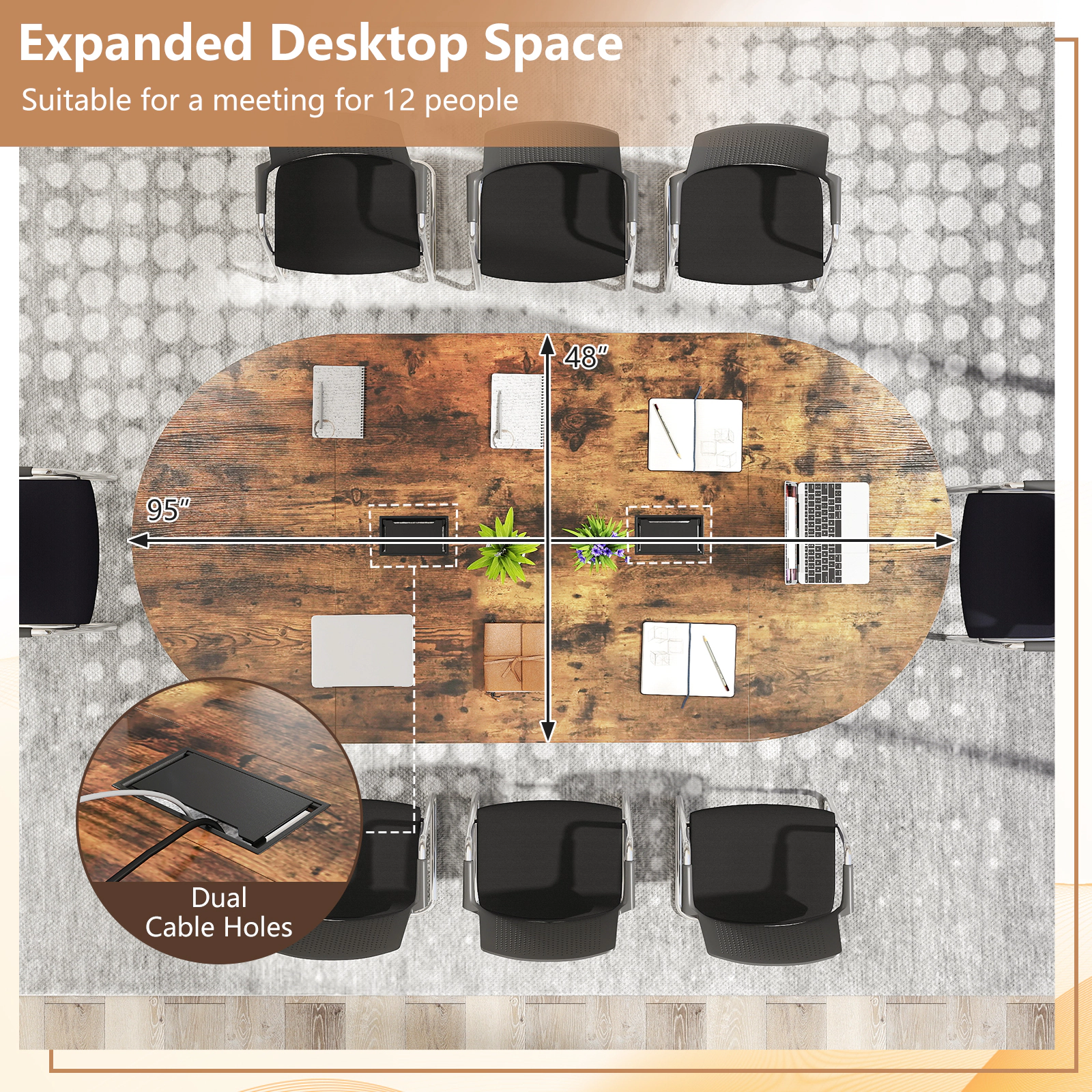 SUGIFT 95-in Oval Conference Executive Desk Table with Dual Cable Holes 265-lb Capacity Rustic Brown & Black 1-Piece