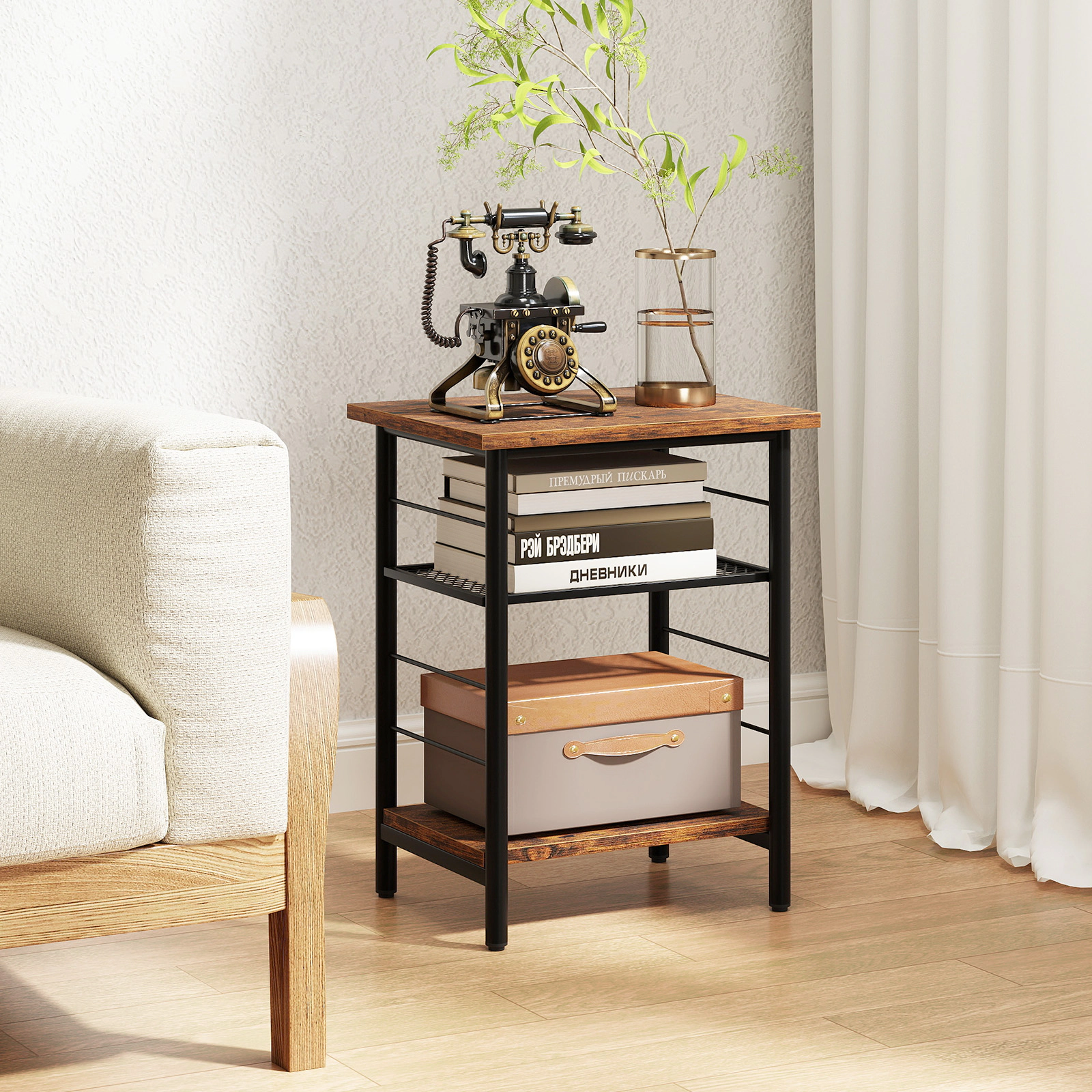 LJG 3-Tier End Table Set of 2 Side Table with Storage Shelves Metal Frame