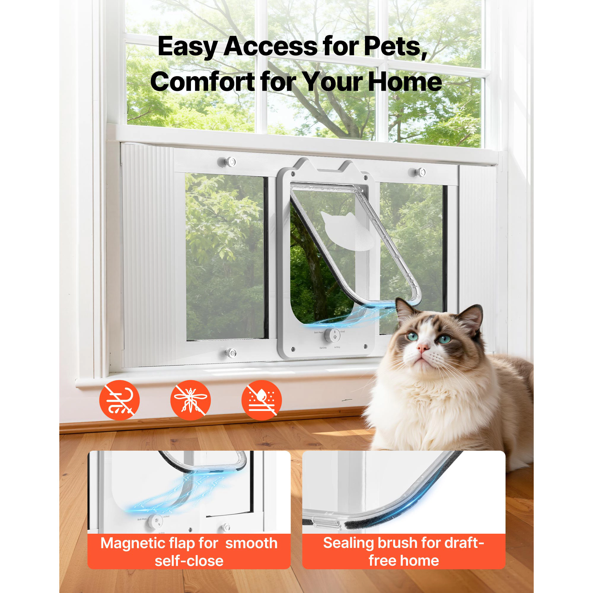 HONGGE Cat Door for Window Adjustable to Fit Window Width - 4 Secure Lock Modes Aluminum Frame and High-Transparency