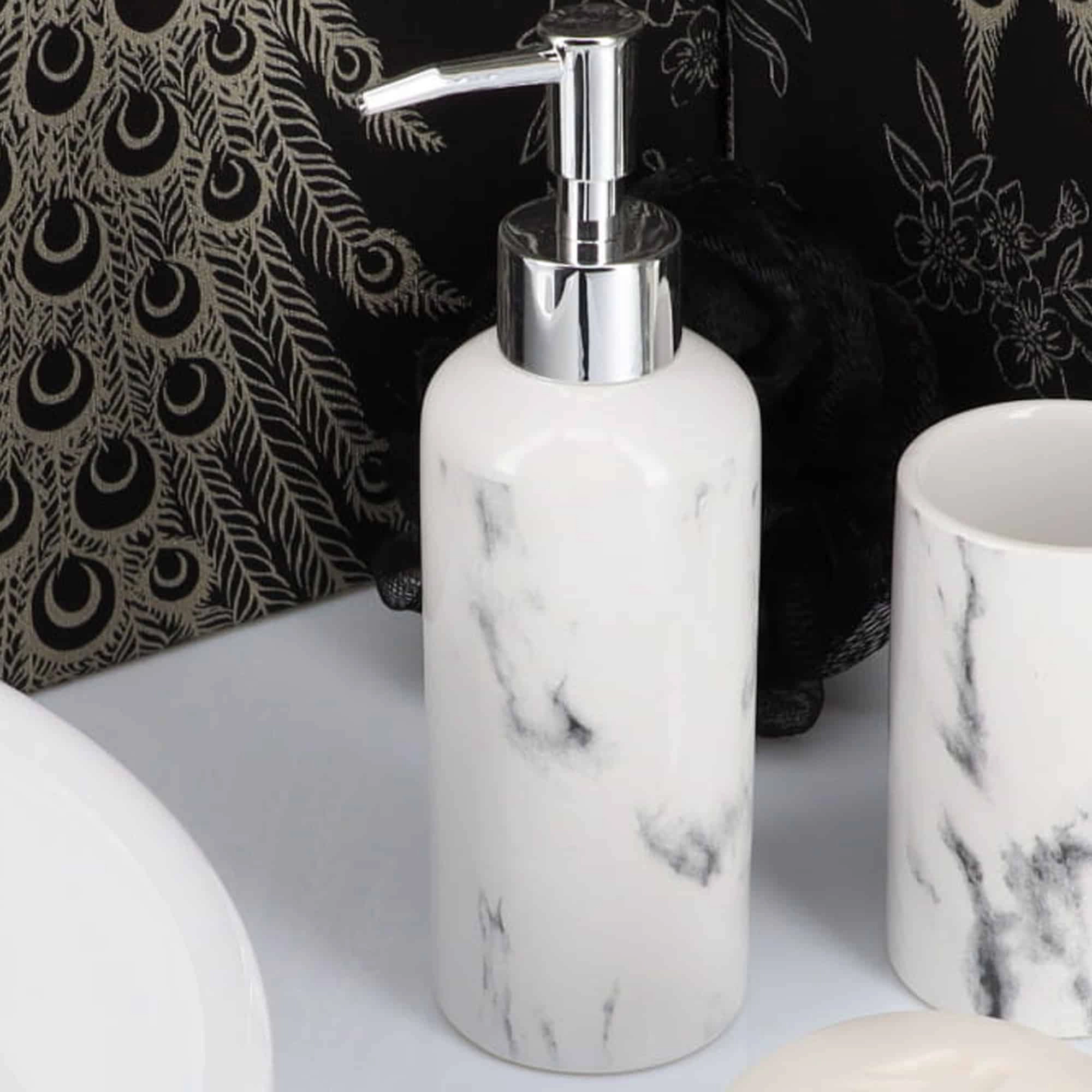 Evideco French Home Goods Marble-Effect Dolomite Soap Dispenser 10 fl oz, Polished White Gray