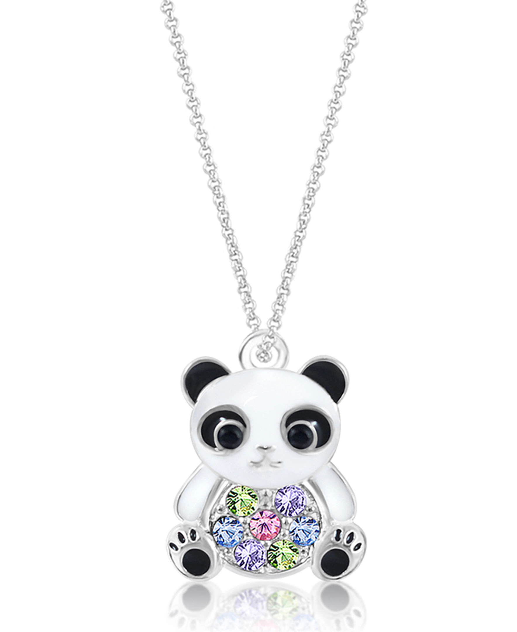 CHANTEUR Kids Panda Pendant Necklace - Silver White Gold Palladium Plating, Multi-Color Crystal, 6" Chain