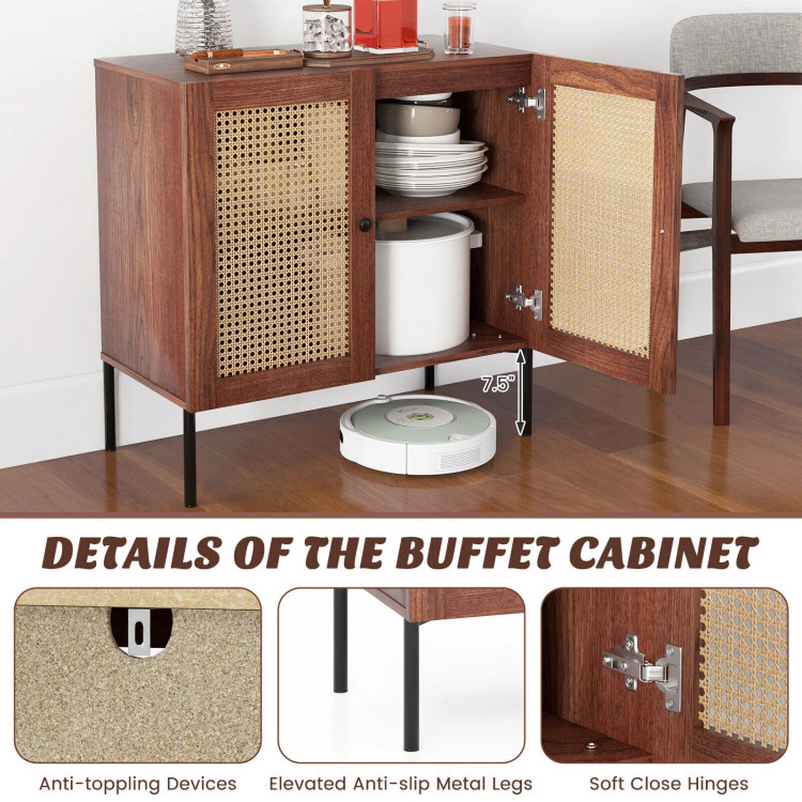 SUGIFT 31.5-in 135-lb Tabletop Walnut Sideboard with 2 Rattan-Decorated Doors Adjustable Shelf and Metal Legs