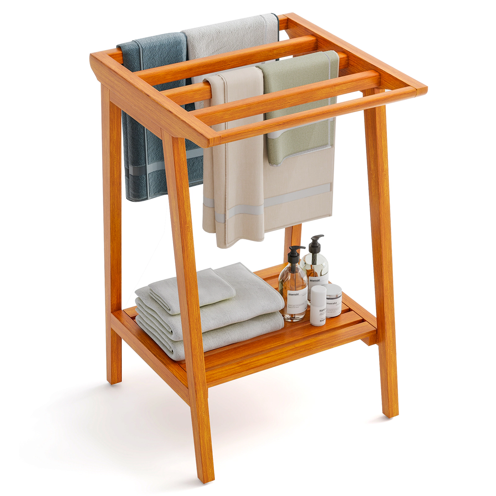 SUGIFT Teak Wood Towel Rack, 5 Crossbars, Open Shelf, 44-lb Capacity