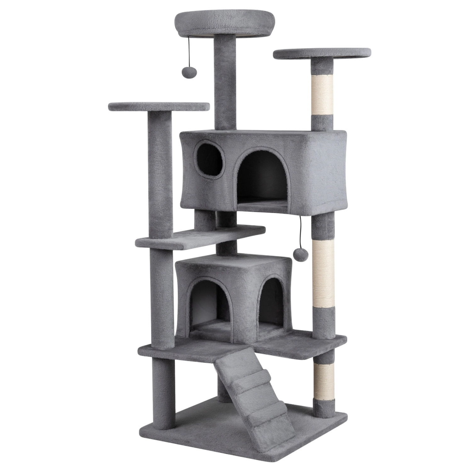 SUGIFT Light Gray 52 in Tall Cat Tree with 2-Door Cave and Round Platforms