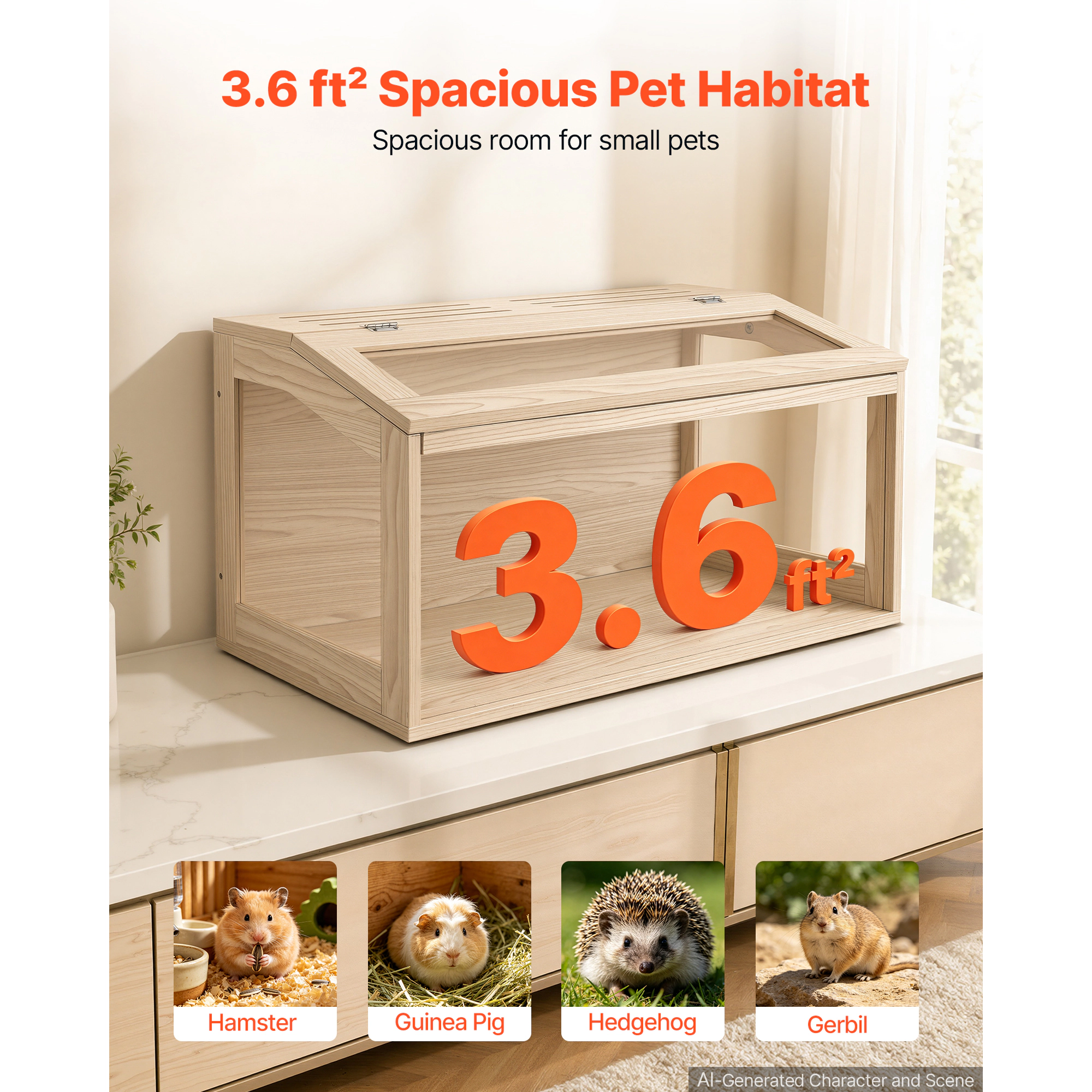 HONGGE Wooden Hamster Cage with 270° Acrylic View Panel, 31.9 x 16.1 x 16.1 in, for Hamsters, Guinea Pigs & Gerbils