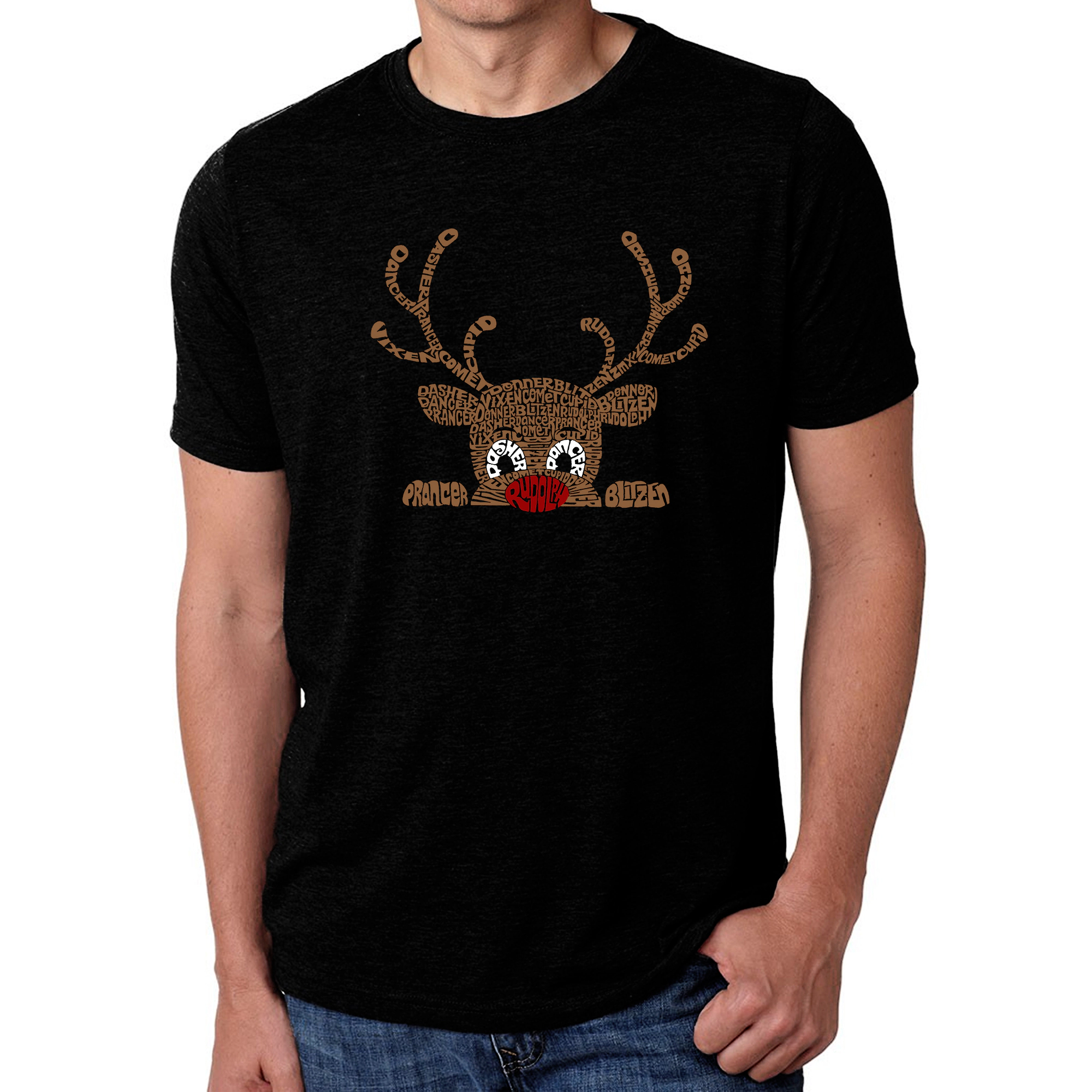 LA Pop Art Men's Cotton-Poly Word T-Shirt - Peeking Reindeer