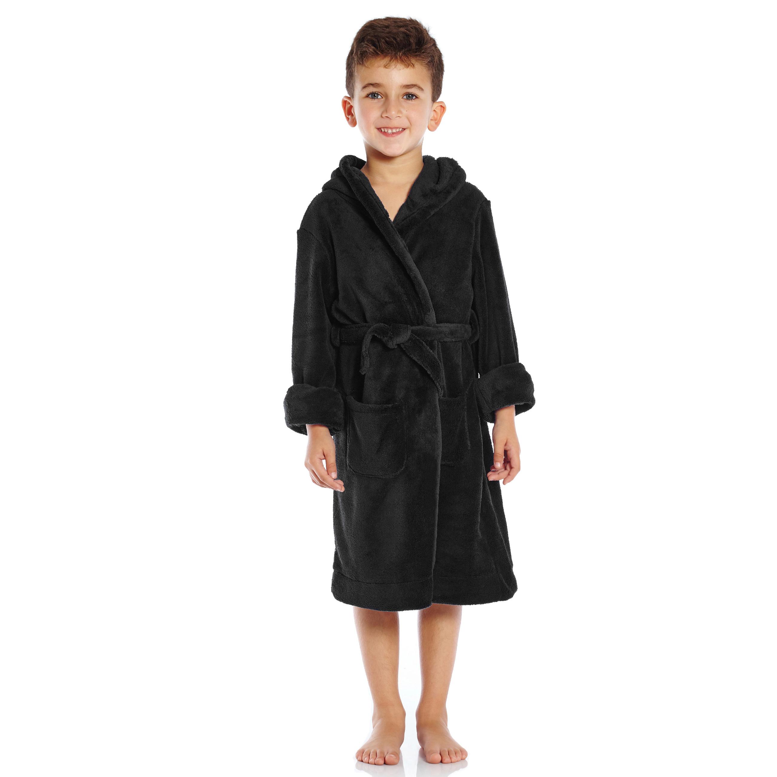 Leveret Kids Neutral Hooded Fleece Robe with Pockets
