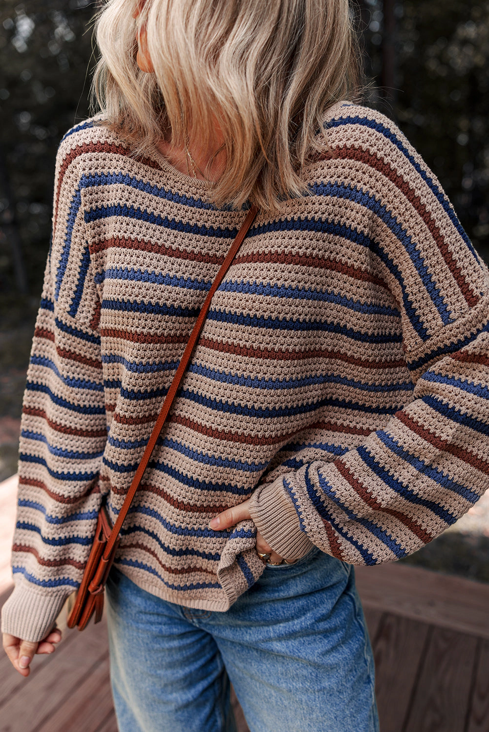 Threaded Pear Women's Emery Striped Knitted Drop Shoulder Round Neck Sweater