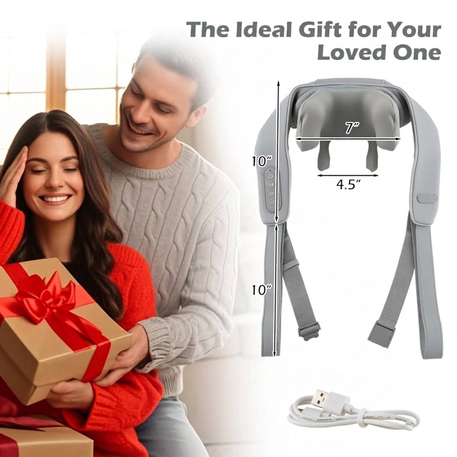 SUGIFT 4D Deep Tissue Shiatsu Neck Shoulder Massager with Heating Pulling Handles and Adjustable Straps Cordless Gray