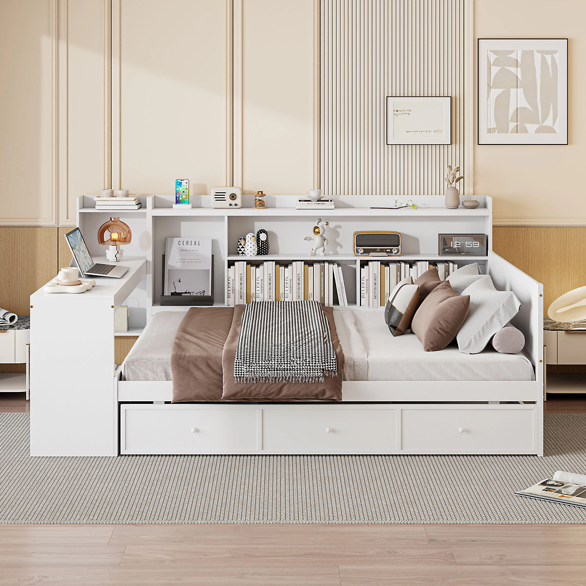 Flynama Full Wooden Daybed with 3 Drawers, USB Ports & Desk, White