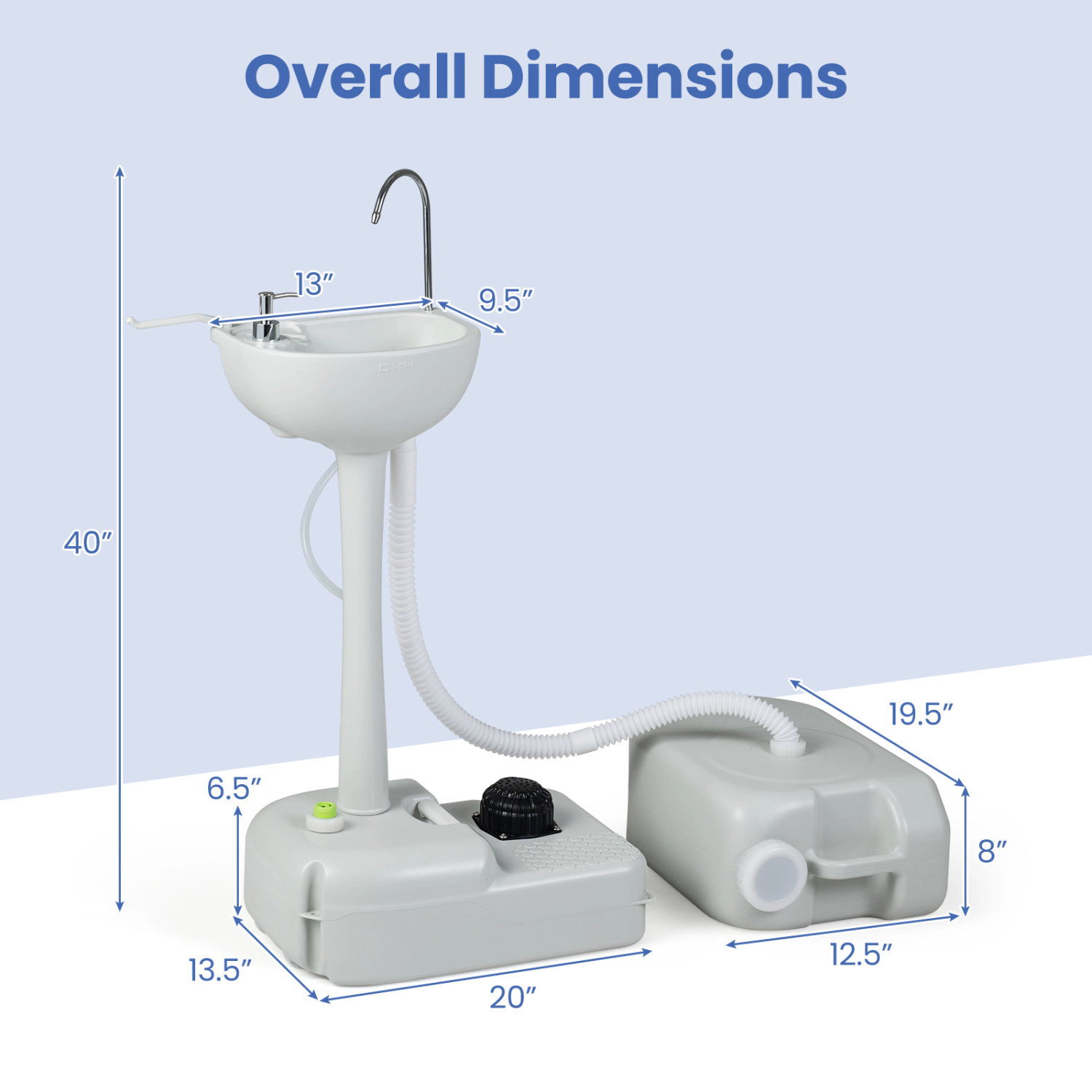 LJG 4.5 Gal Wash Basin Stand with 6.34 Gal Recovery Tank and Rolling Wheels