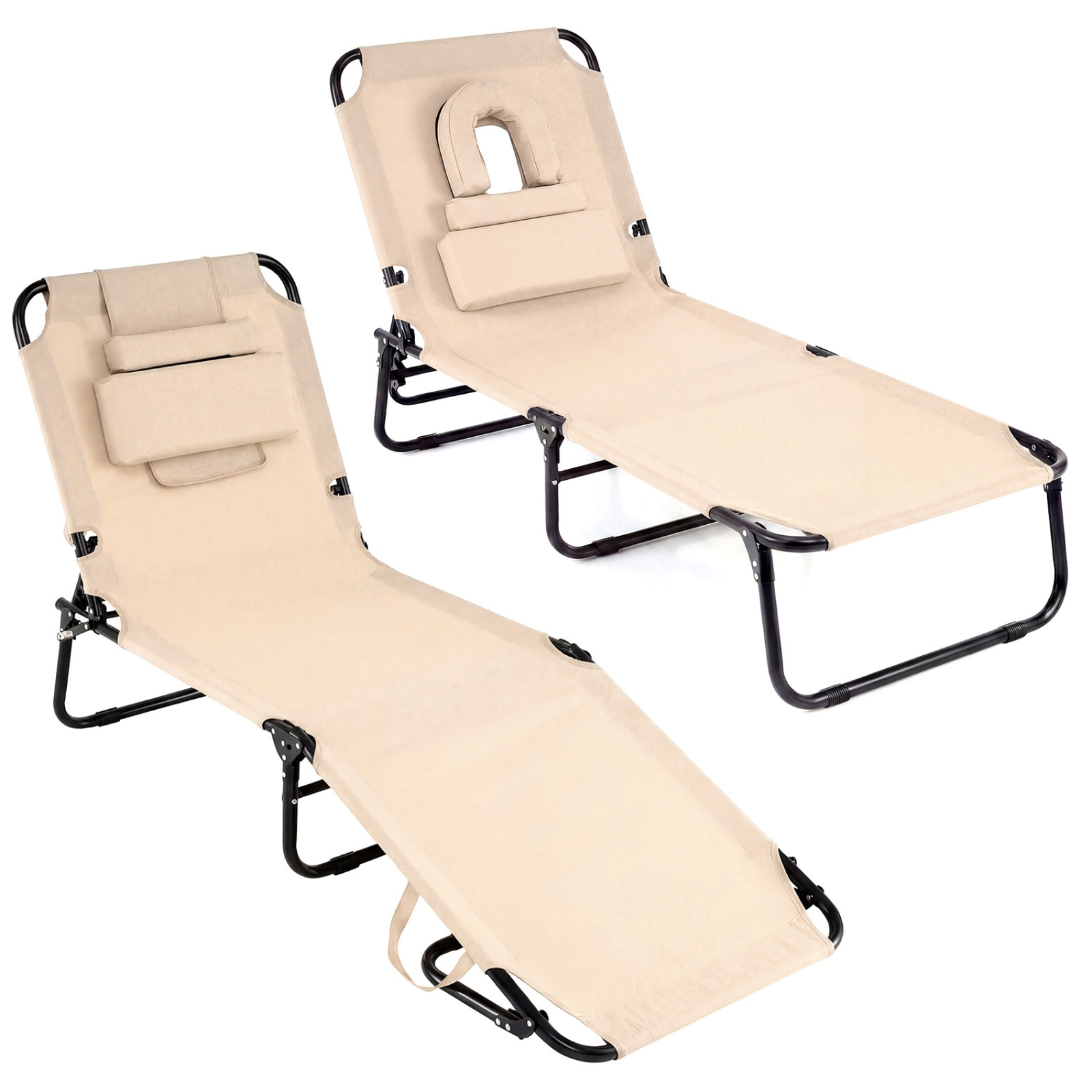 SUGIFT Adjustable Folding Face Down Tanning Chaise Lounge Chair with Face Hole 330-Lb Capacity Beige Blue Pink Stripe
