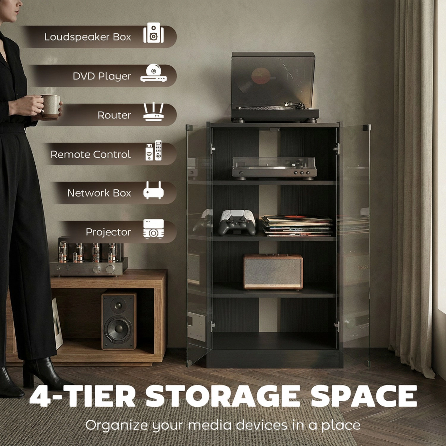 HONGGE Media Cabinet Stand with Adjustable Shelves Glass Doors and Cable Management