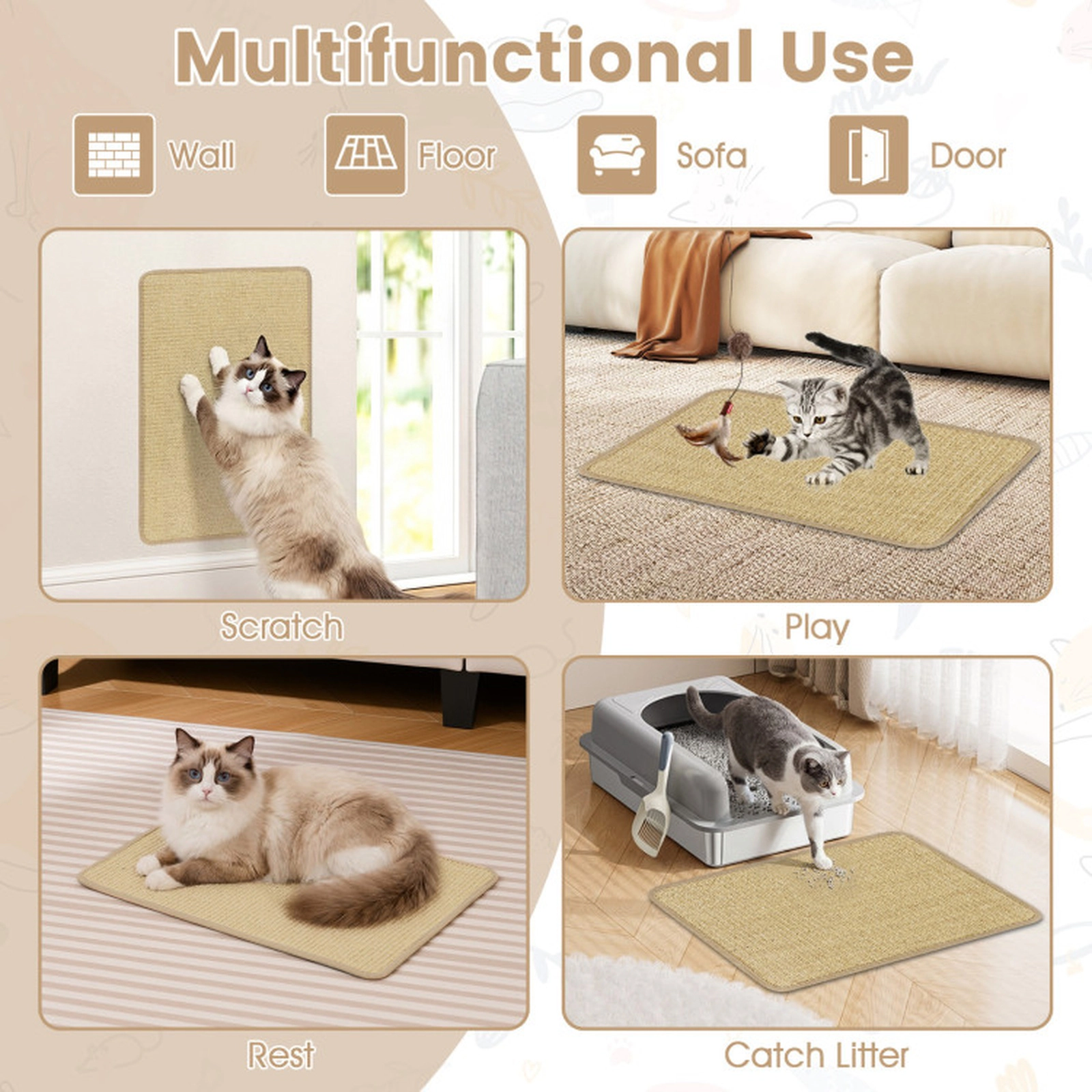 SUGIFT Cat Scratcher Mats Set for Cat Trees with Anti-Slip Bottom Self-Adhesive Tapes Natural
