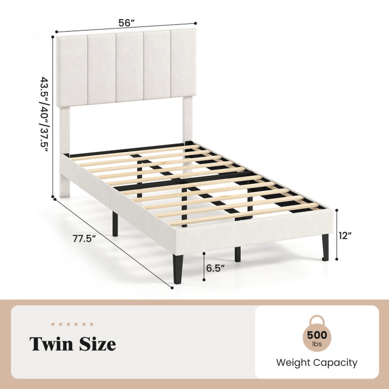 SUGIFT Height Adjustable Upholstered Twin Platform Bed Frame 500-lb Capacity Beige