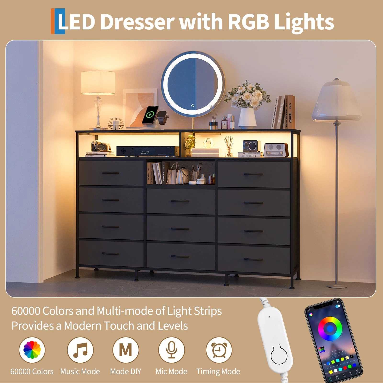 55.1" 11 Drawer Fabric Dresser with LED Lights, Power Outlet & Open Shelves