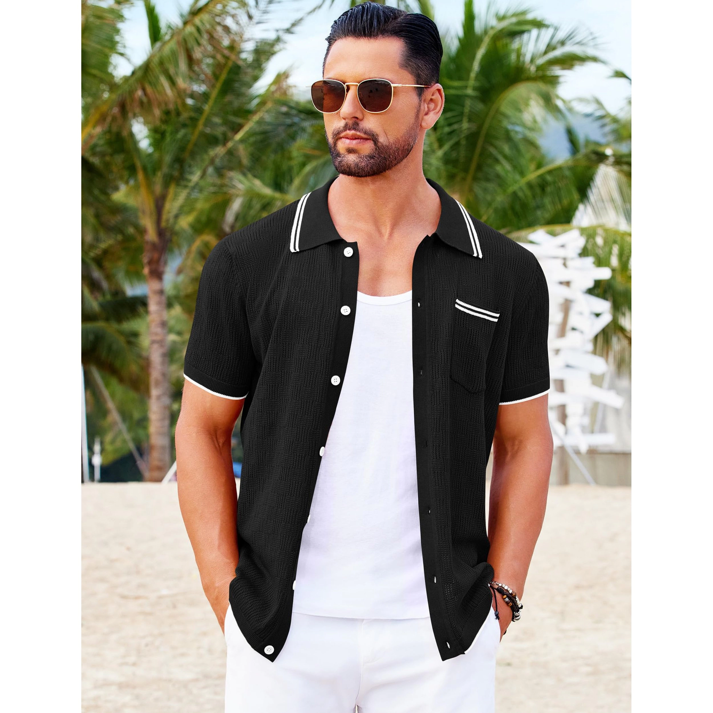 COOFANDY Mens Short Sleeve Button Down Shirts  Textured Collared Polo Tops