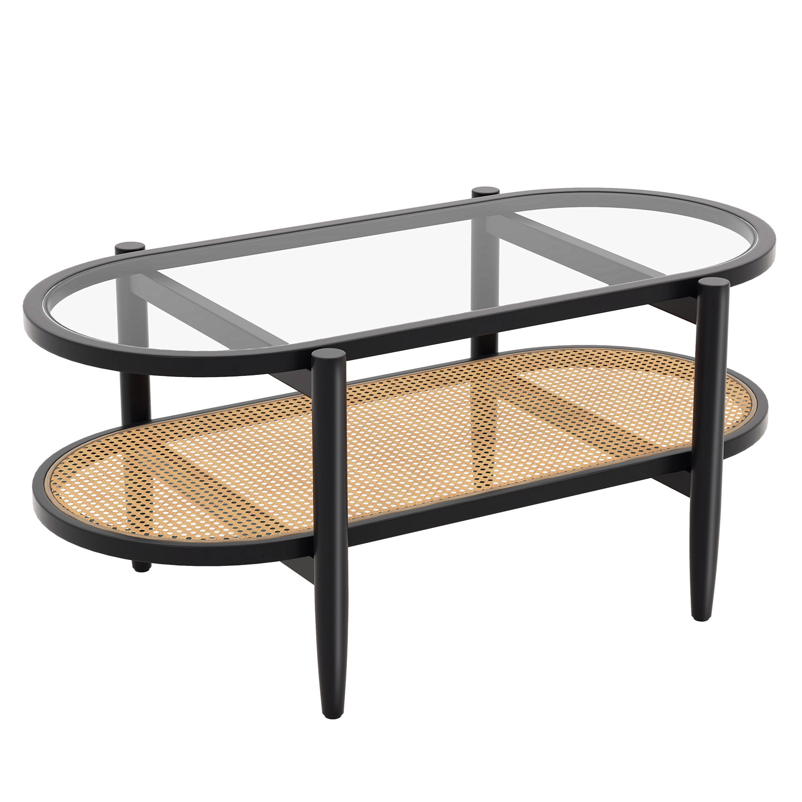 SUGIFT 2-Tier Acacia Wood Coffee Table with Tempered Glass Tabletop 176-lb Tabletop Capacity Brown/Black