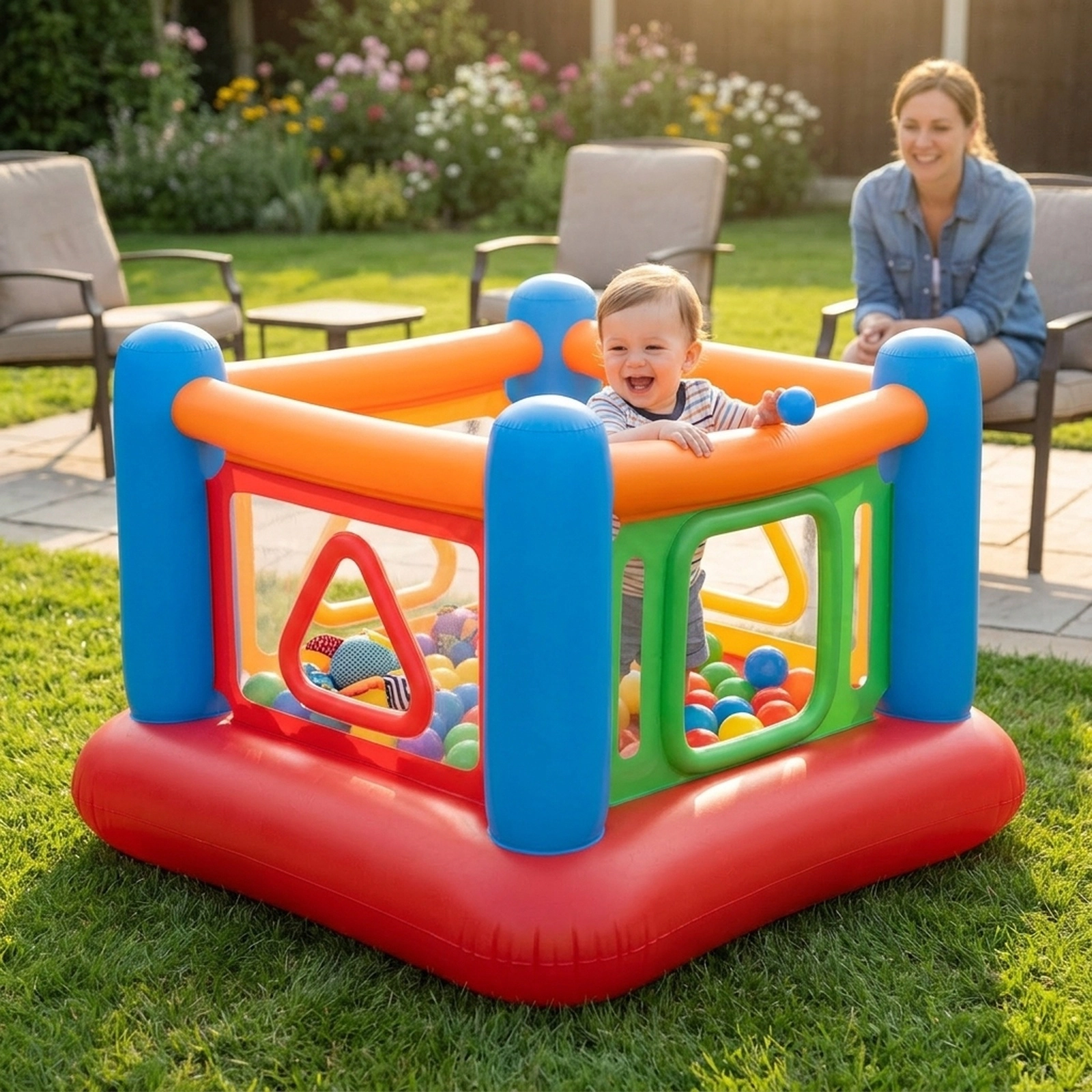 3-in-1 Blow Up Jumping House with Transparent Side Walls Ball Pit and Playpen for Kids 110-lb Capacity 63-in Blue
