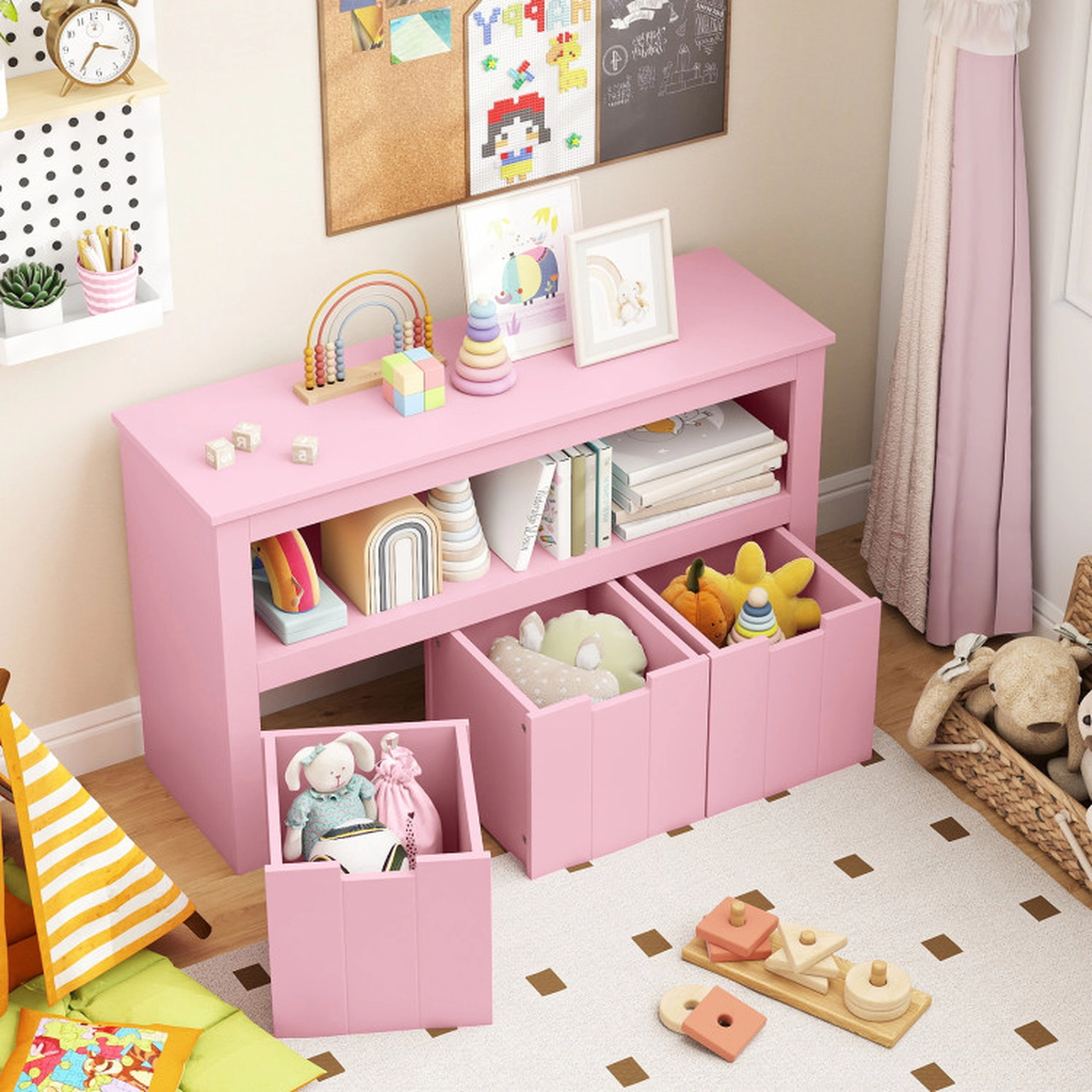 SUGIFT Kids 3 Slide-Out Drawers Wheels Open Shelf Toy Storage Cabinet 40-in x 13-in x 24.5-in 110-lb Capacity Pink
